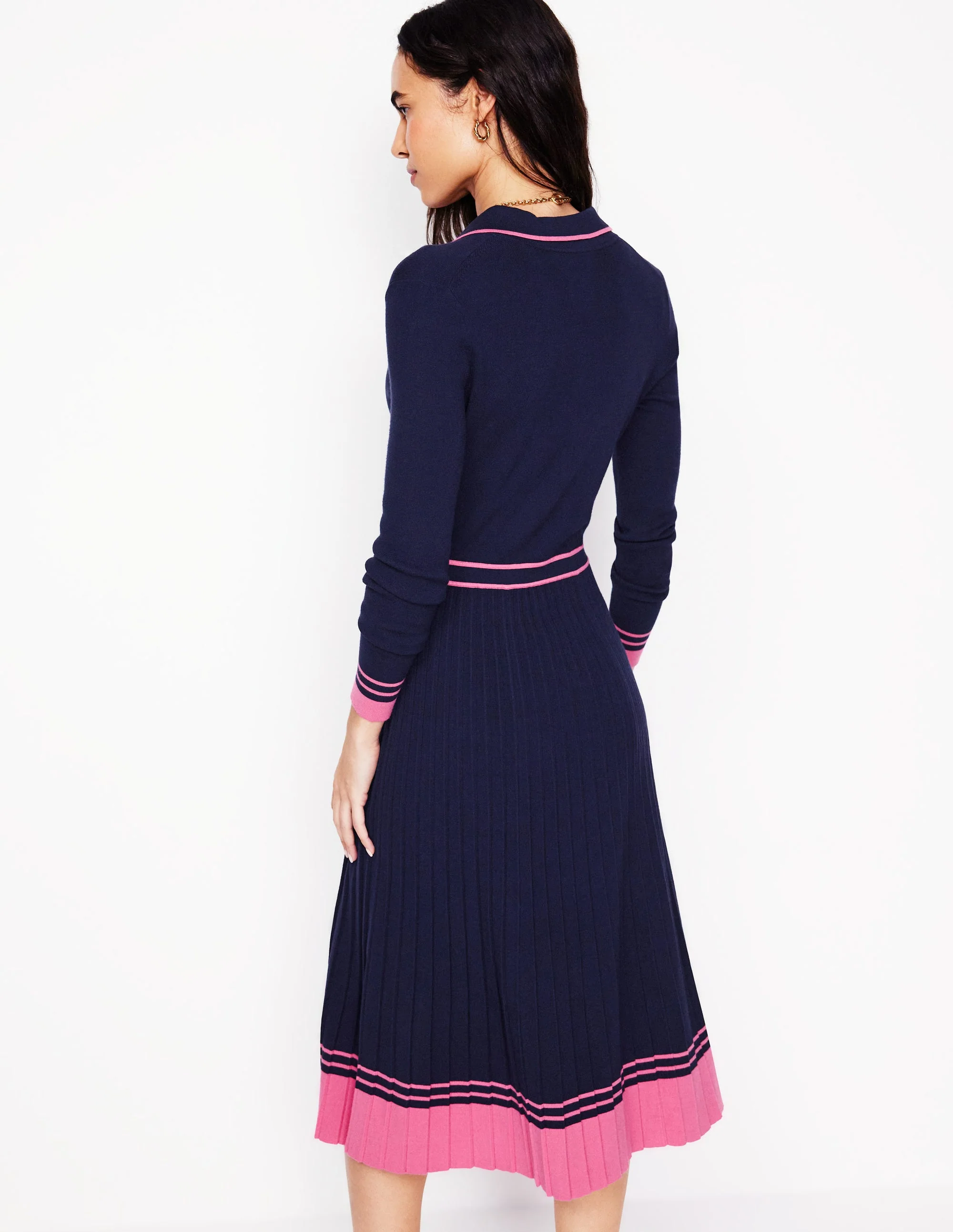 Collared Pleated Knitted Dress-Navy/Pink Colourblock - Image 3