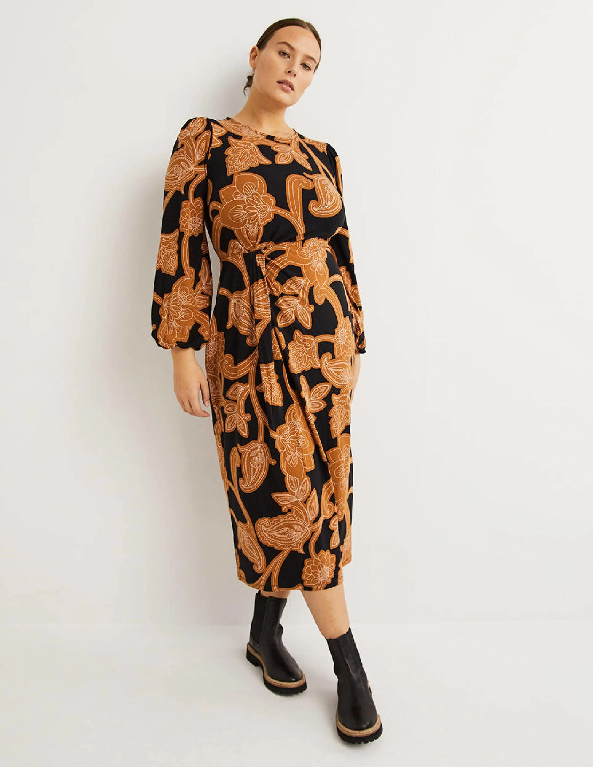 Crew Neck Knot Detail Dress-Butterscotch, Paisley Whirl - Image 4