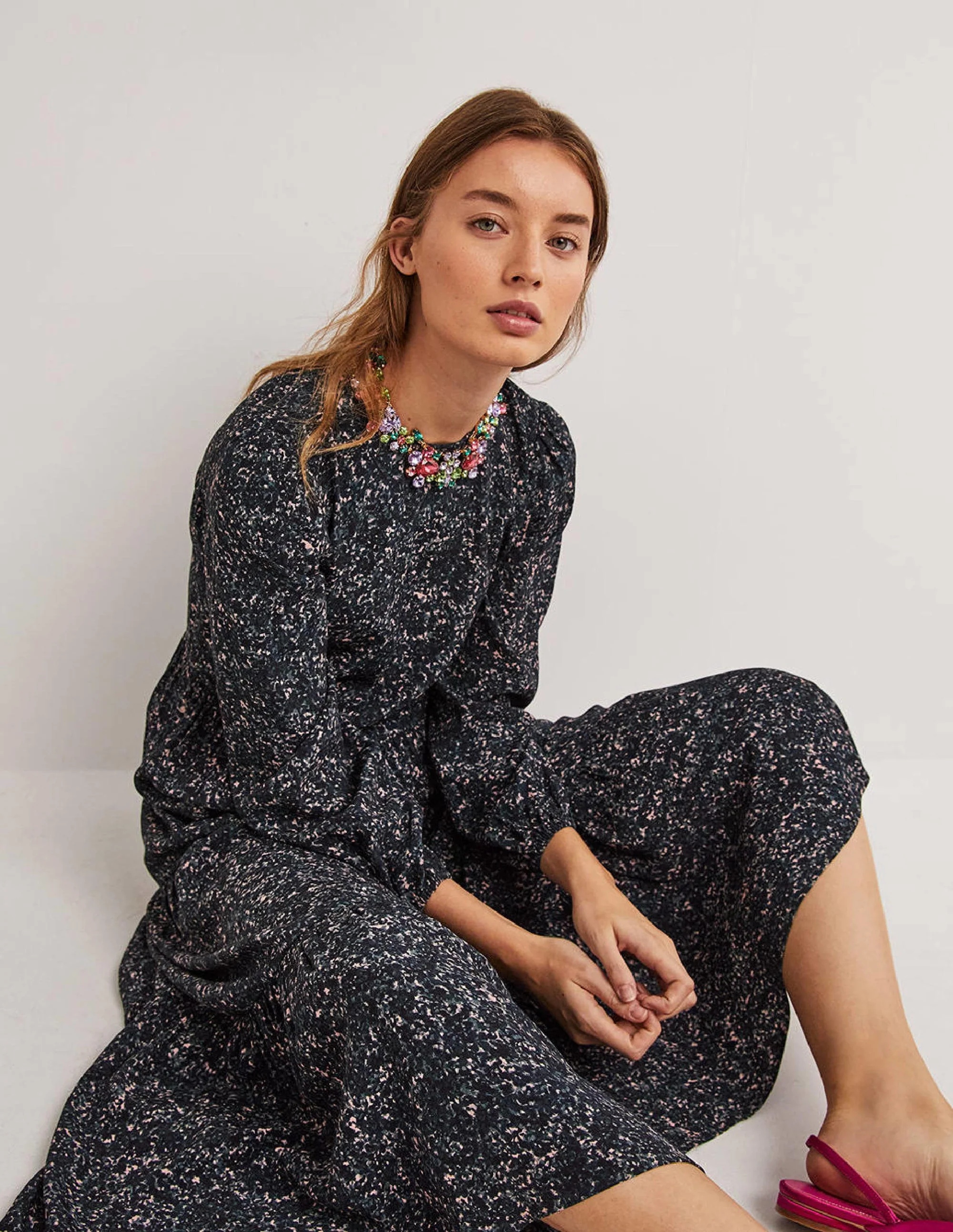 Crew Neck Tiered Dress-Navy, Abstract Blossom - Image 2