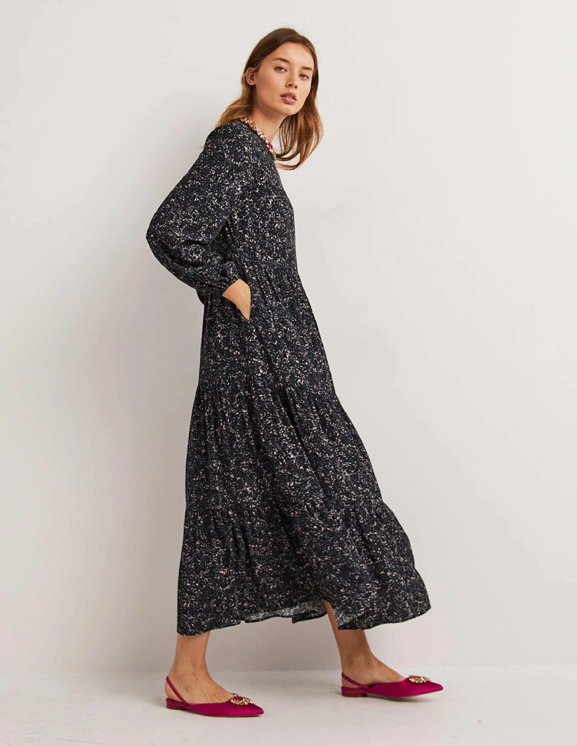 Crew Neck Tiered Dress-Navy, Abstract Blossom - Image 6