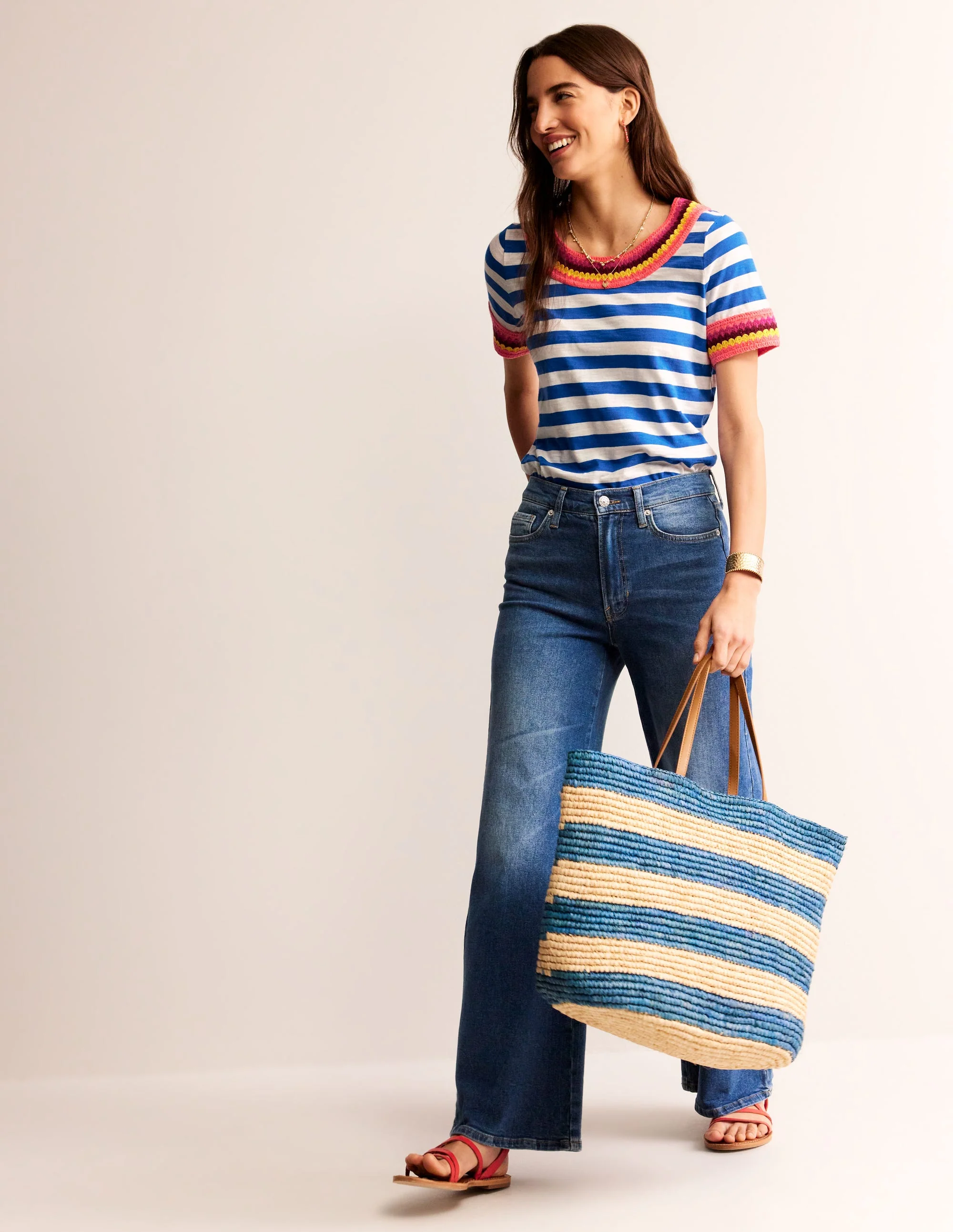 Crochet Crew Neck T-shirt-Blue, Ivory - Image 4
