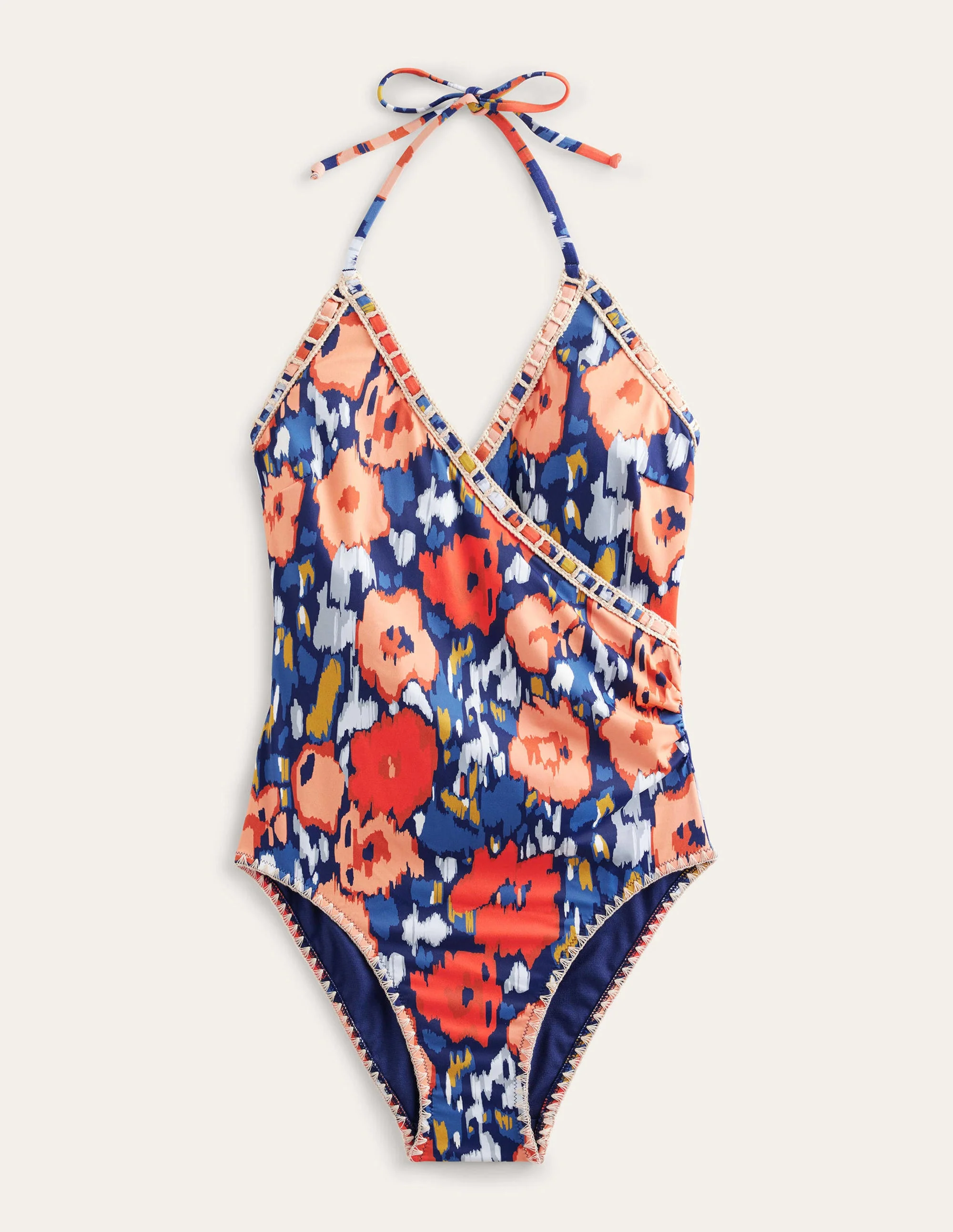 Crochet Trim Wrap Swimsuit-Navy, Abstract Poppy - Image 7
