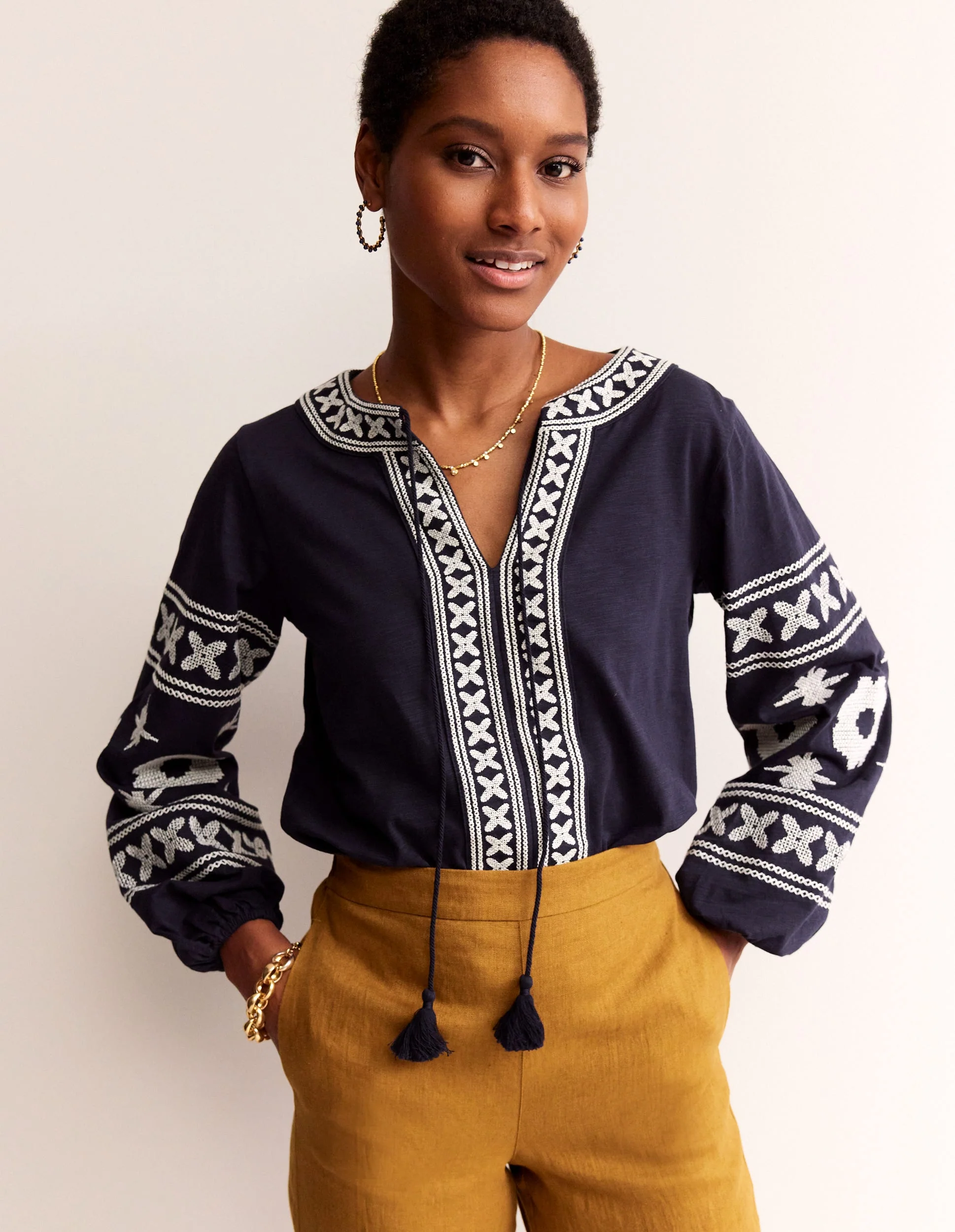 Diana Embroidered Tie Neck Top-Navy - Image 2