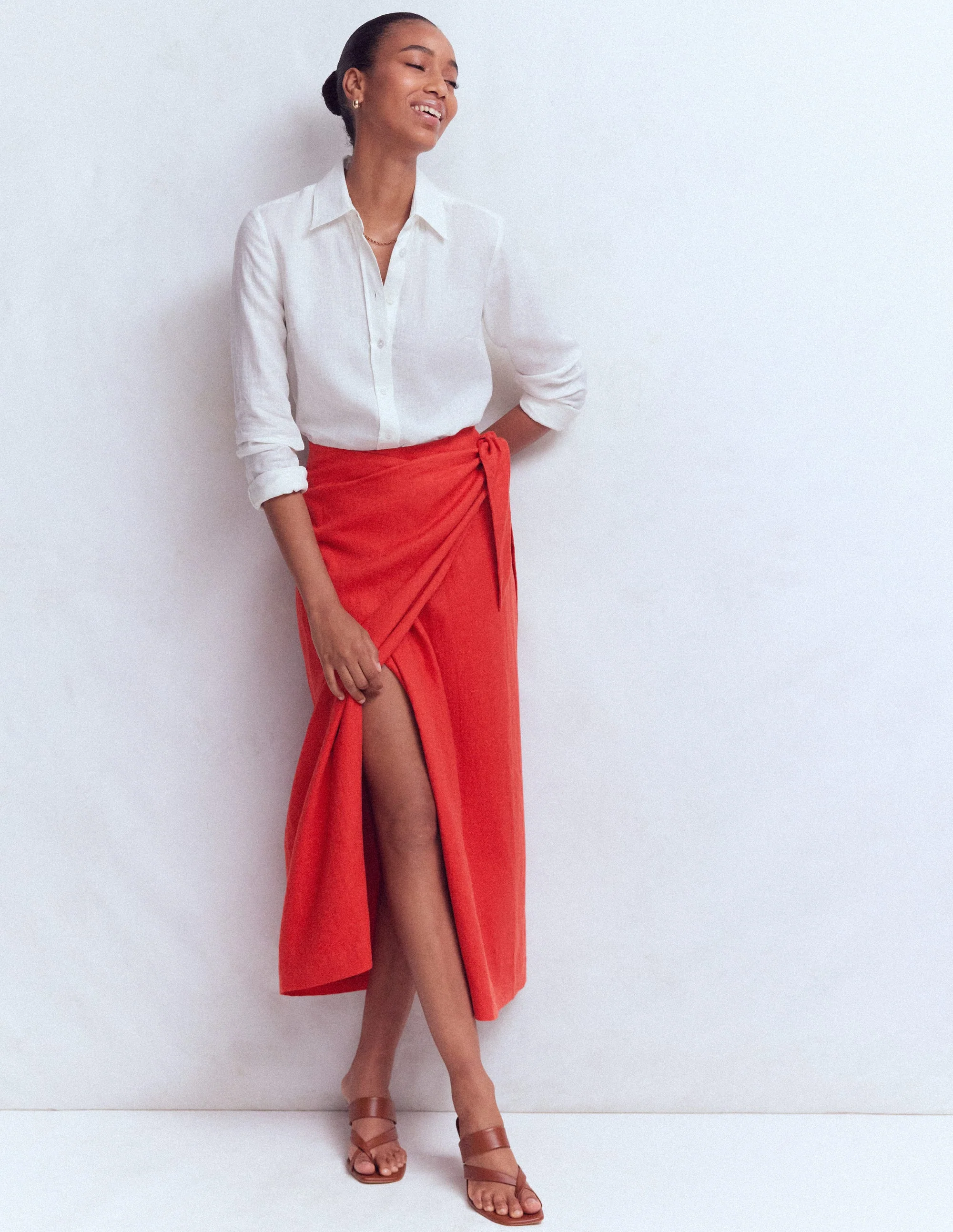 Dimitra Linen Column Skirt-Red Coral - Image 6
