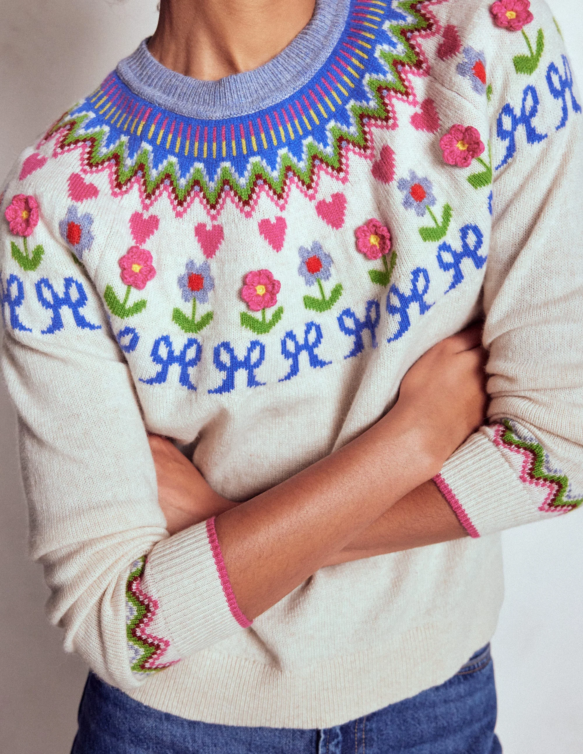 Edie Fair Isle Jumper-Oatmeal Melange, Flowers - Image 2