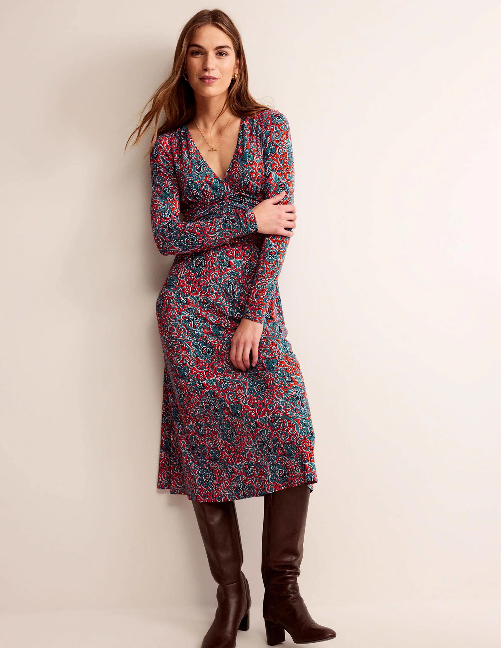 Elodie Empire Midi Dress-Fiesta Orange, Botanic Terrace