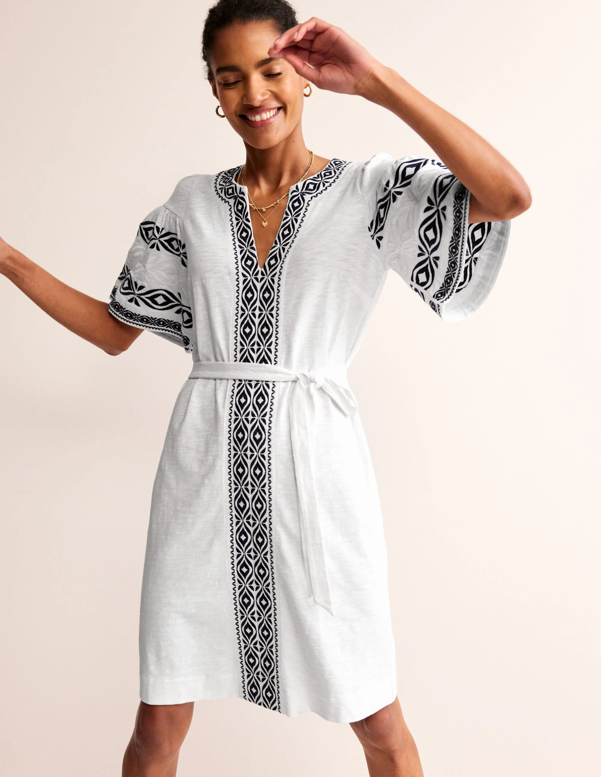 Embroidered Jersey Short Dress-White - Image 4
