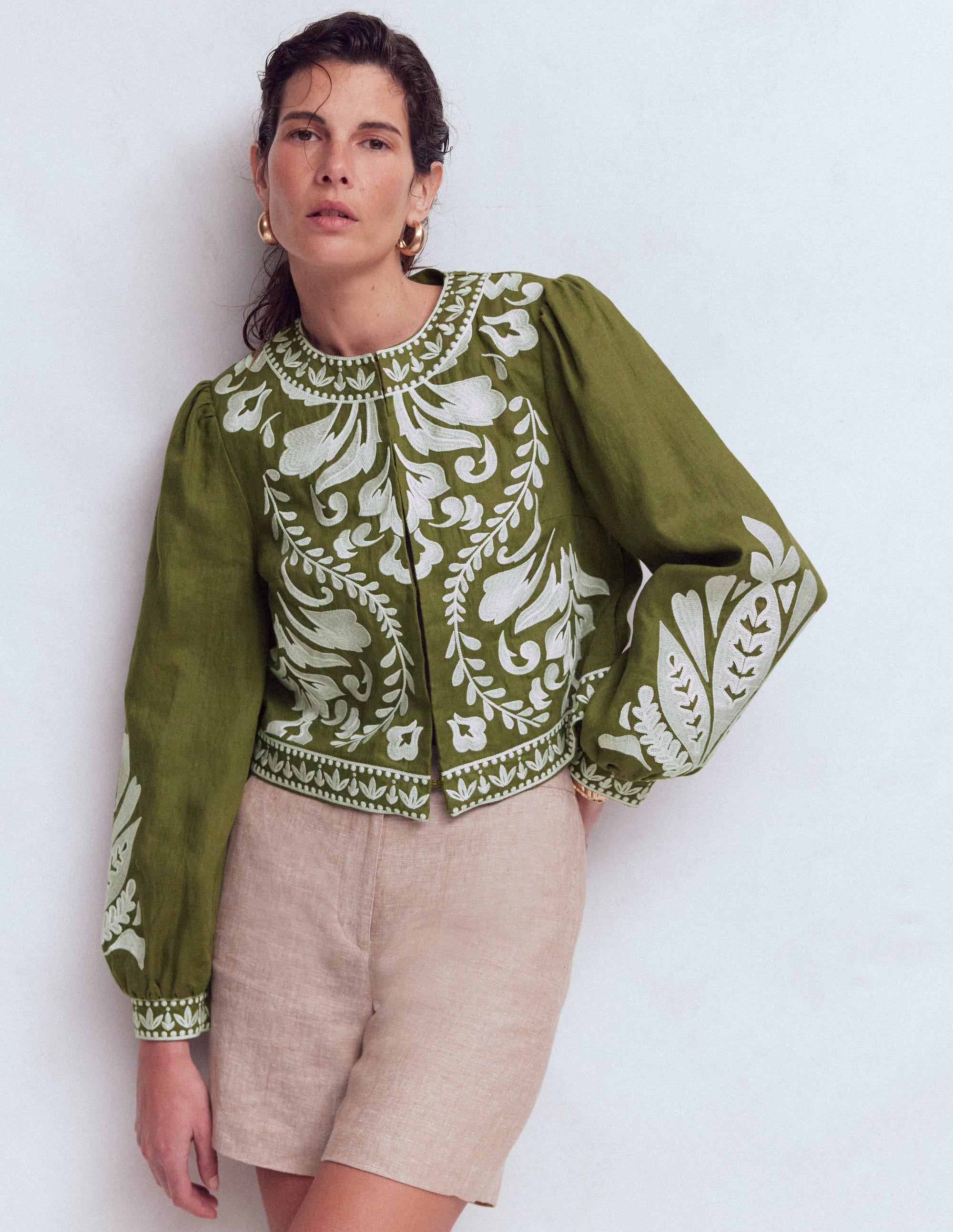 Embroidered Linen Jacket-Woodland Green - Image 4
