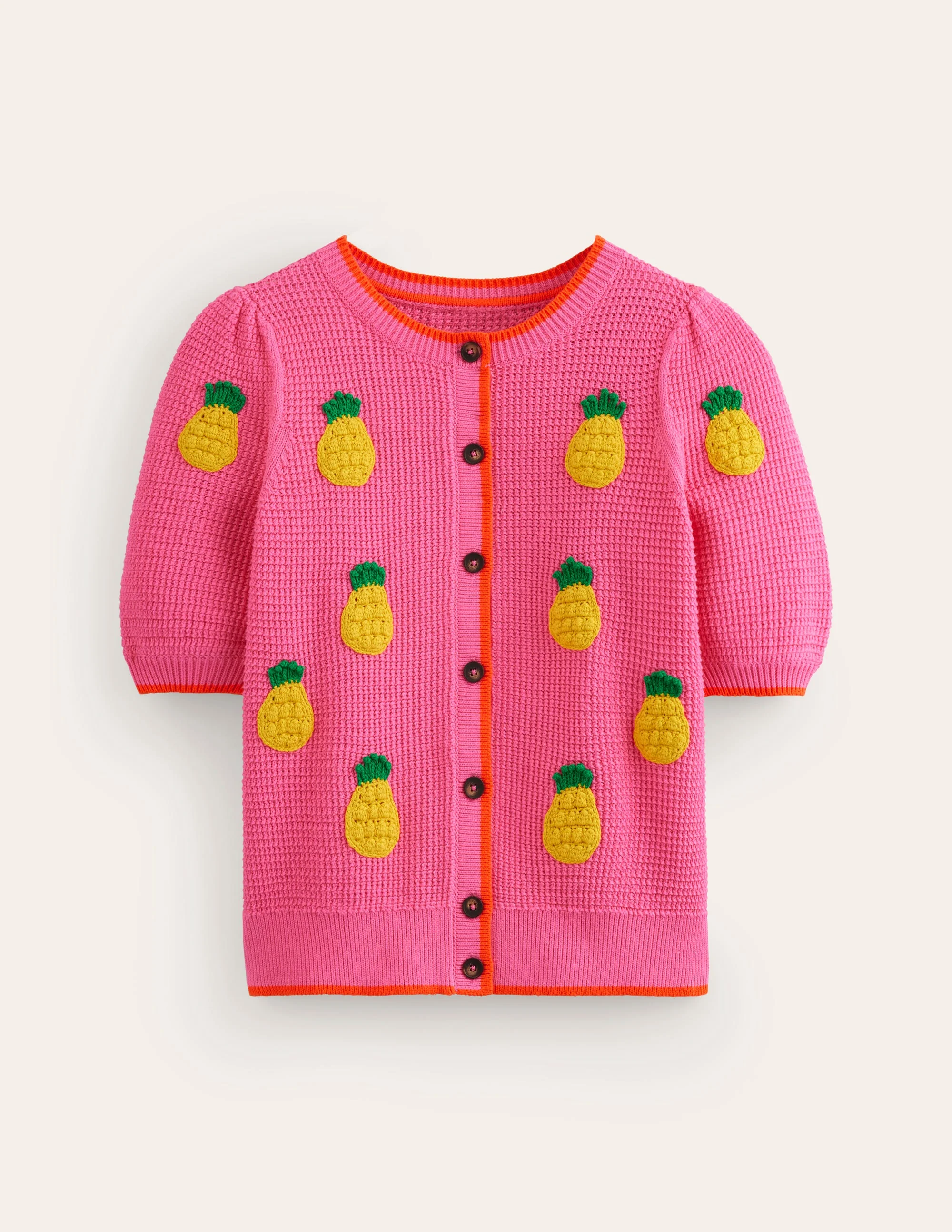 Embroidered T-Shirt Cardigan-Party Pink, Pineapples - Image 5