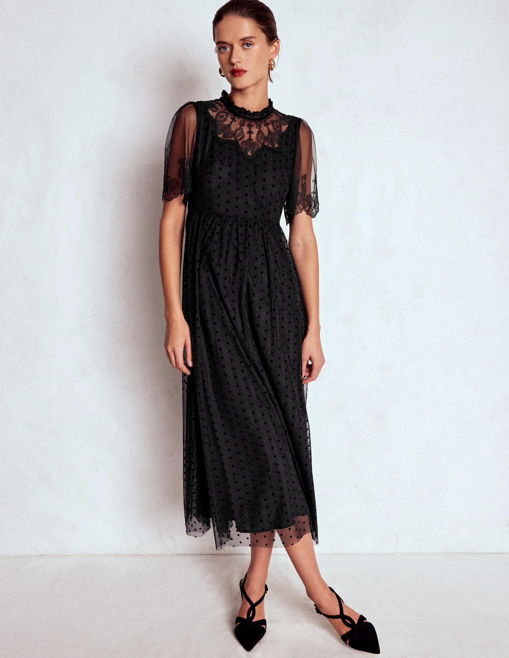 Embroidered Tulle Party Dress-Black - Image 4
