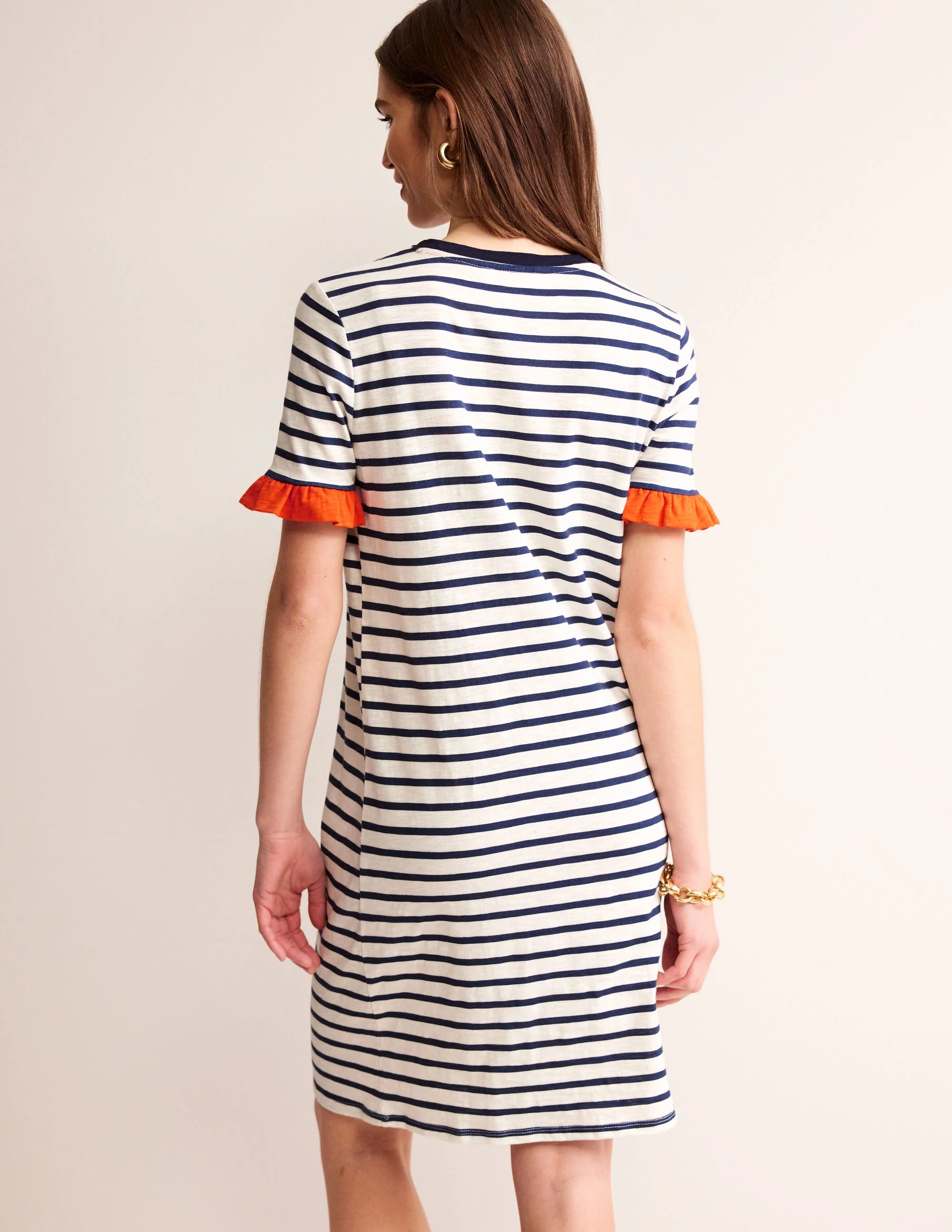 Emily Ruffle Cotton Dress-Ivory, Navy Stripe - Image 3