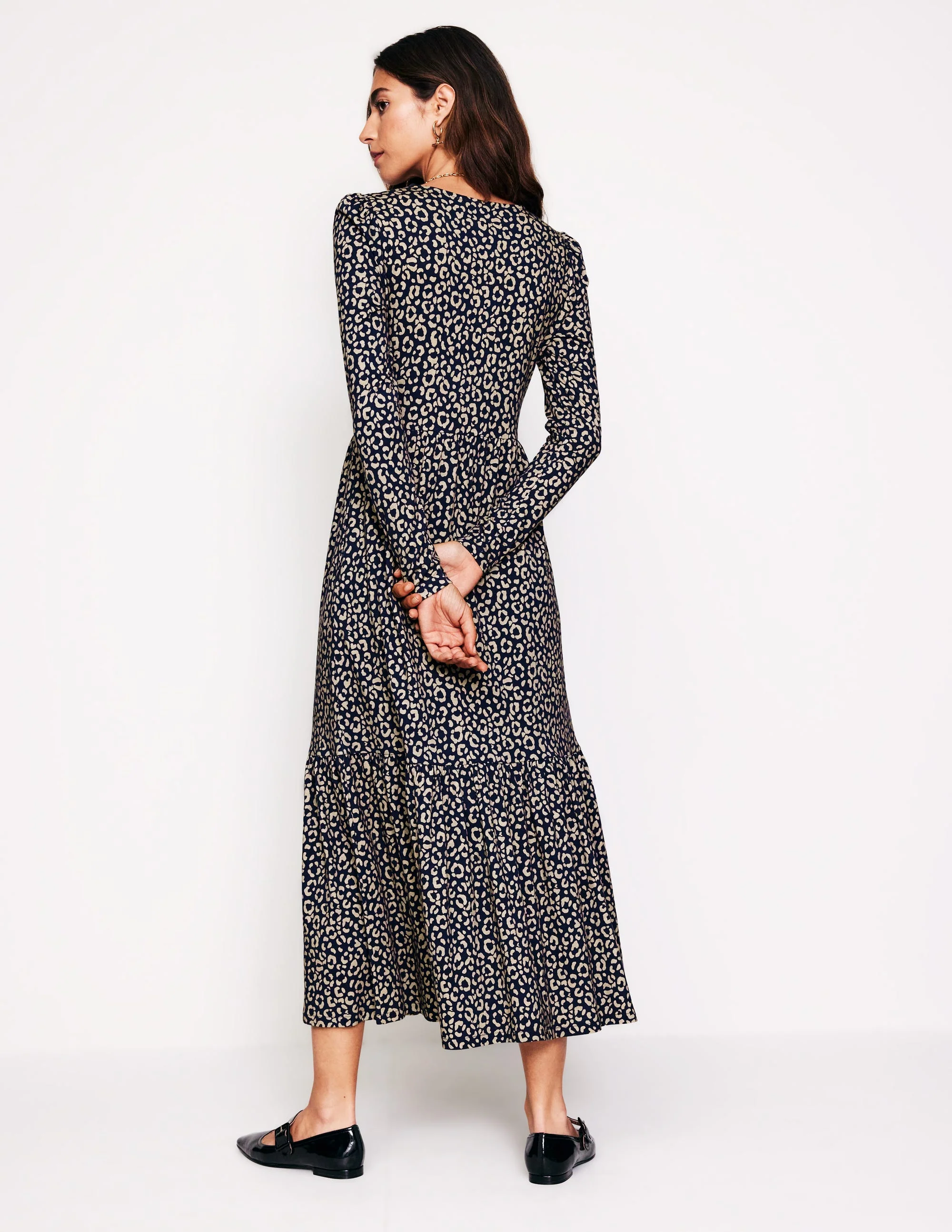 Emma Long Sleeve Jersey Dress-Macadamia, Animal Stamp - Image 3