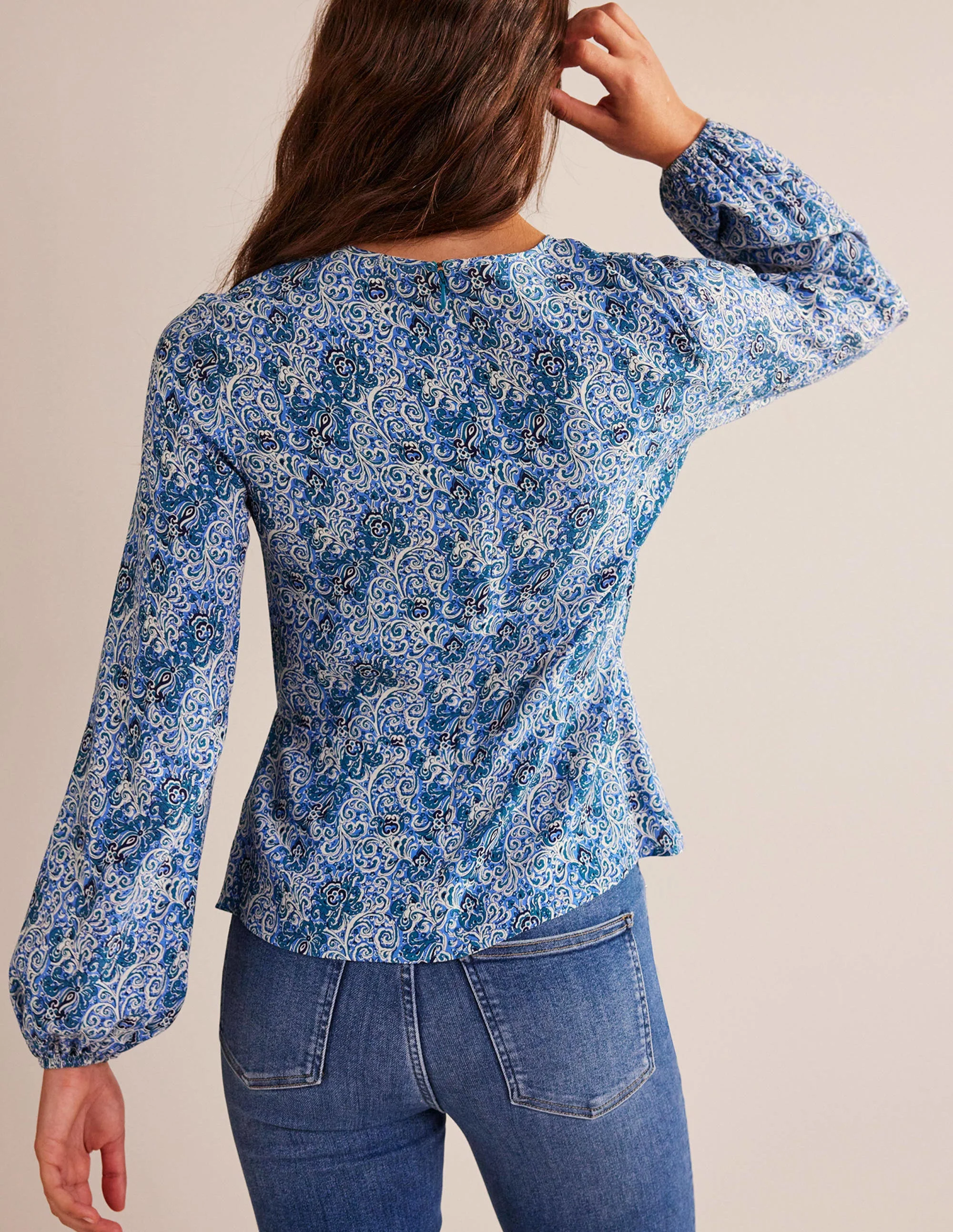 Empire-Waist Long-Sleeve Top-Teal, Botanic Terrace - Image 3