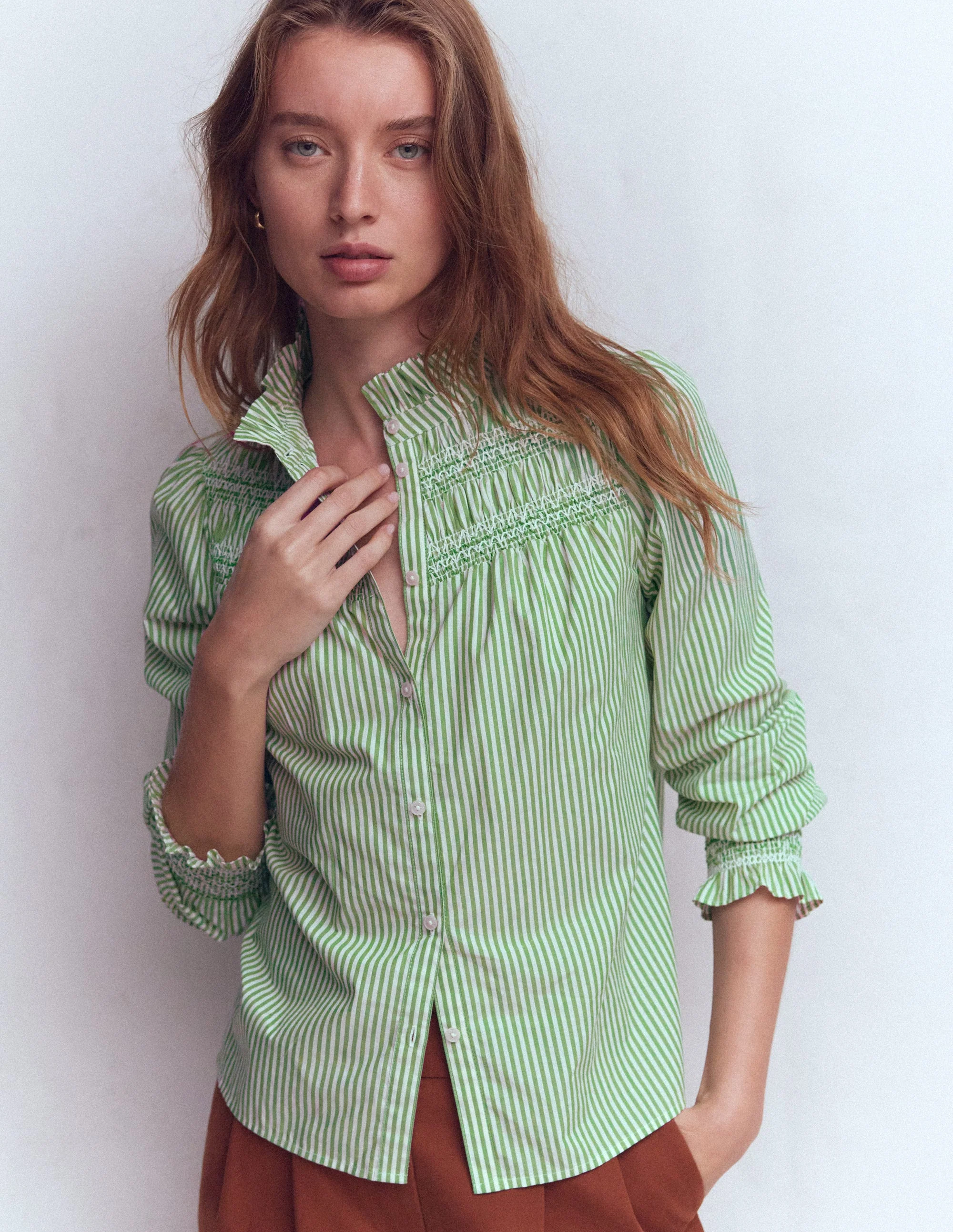 Esme Smocked Detail Frill Top-Highland Green, Ivory Stripe - Image 4