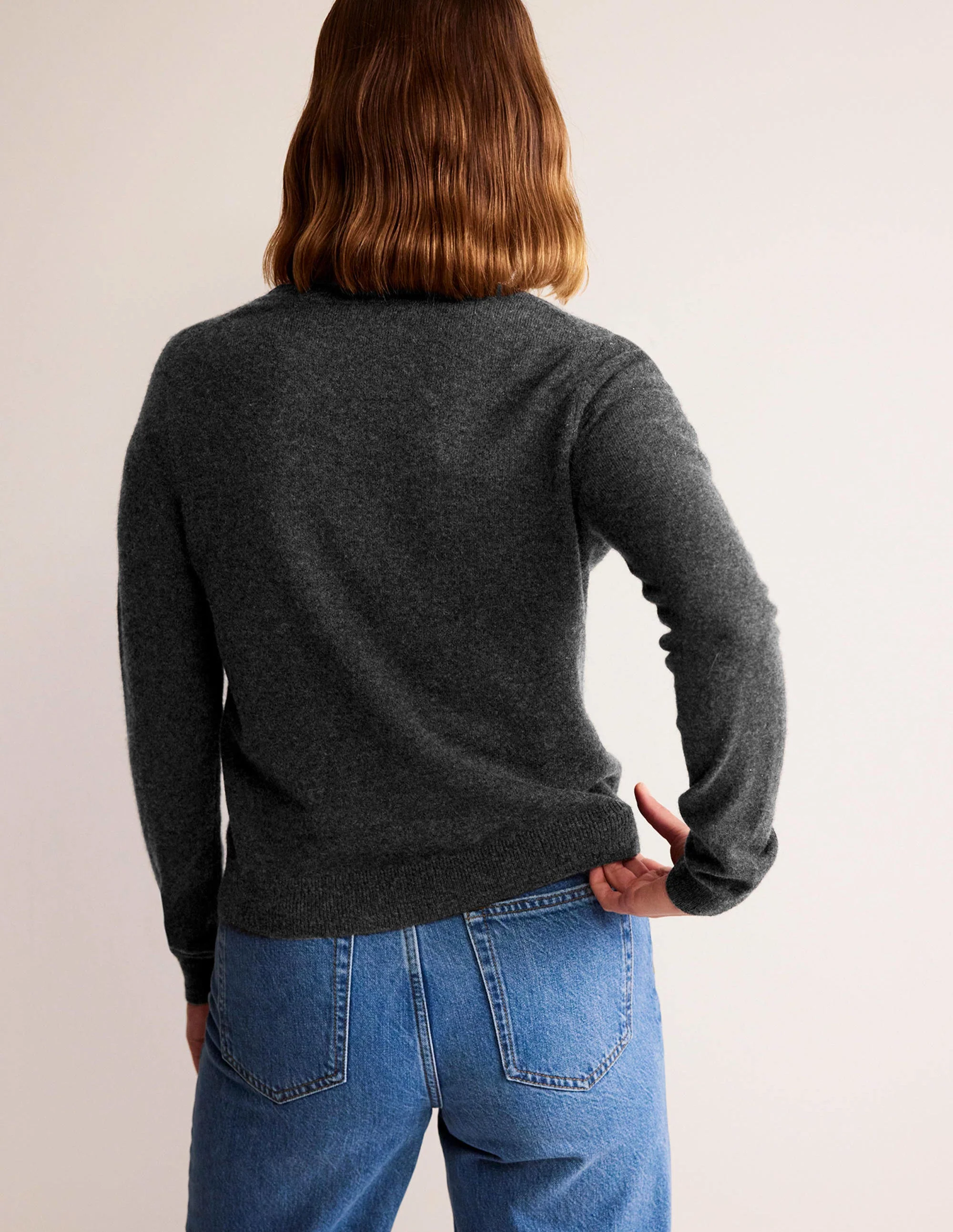 Eva Cashmere Crew Cardigan-Charcoal Melange - Image 3
