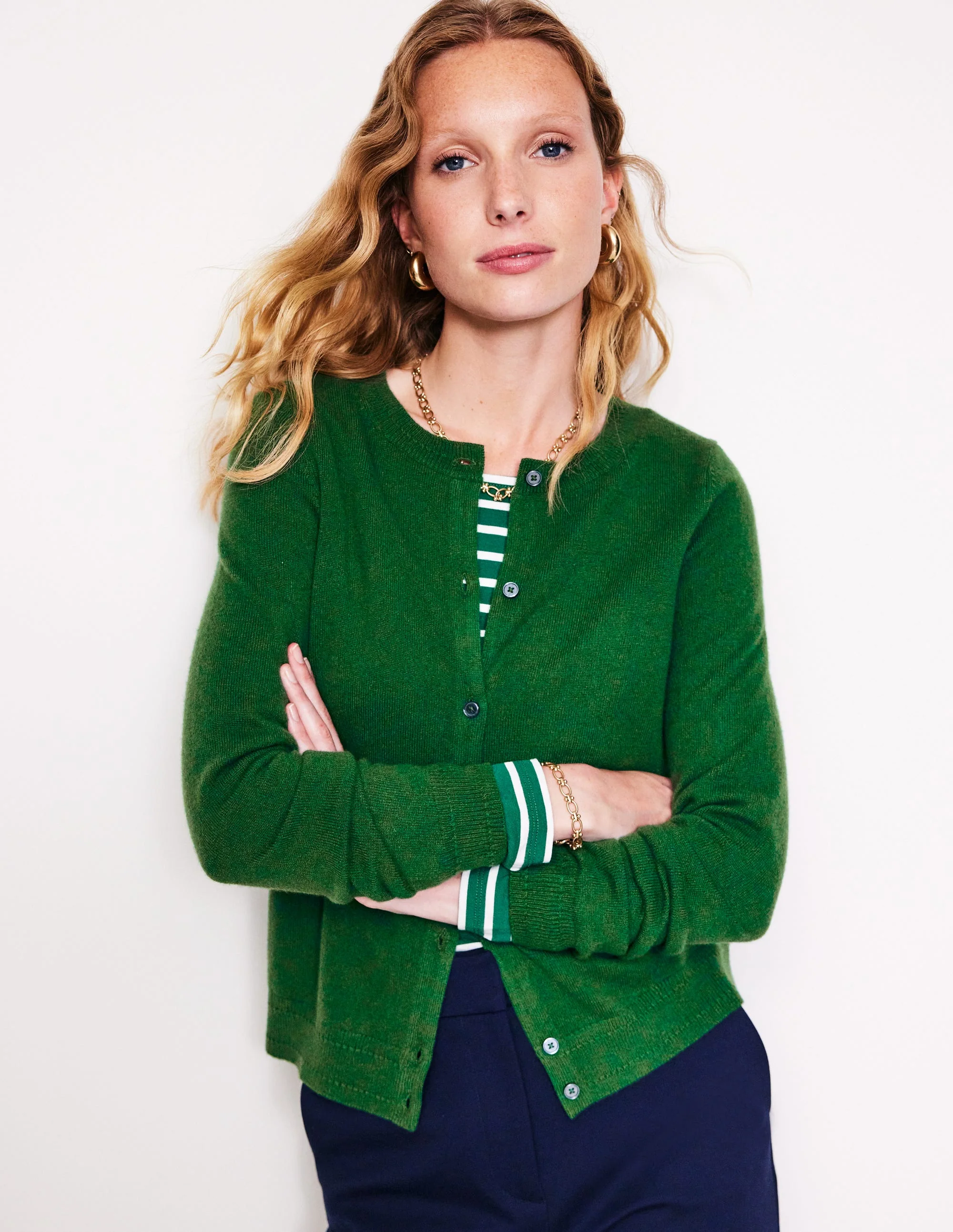 Eva Cashmere Crew Cardigan-Pine Green - Image 4