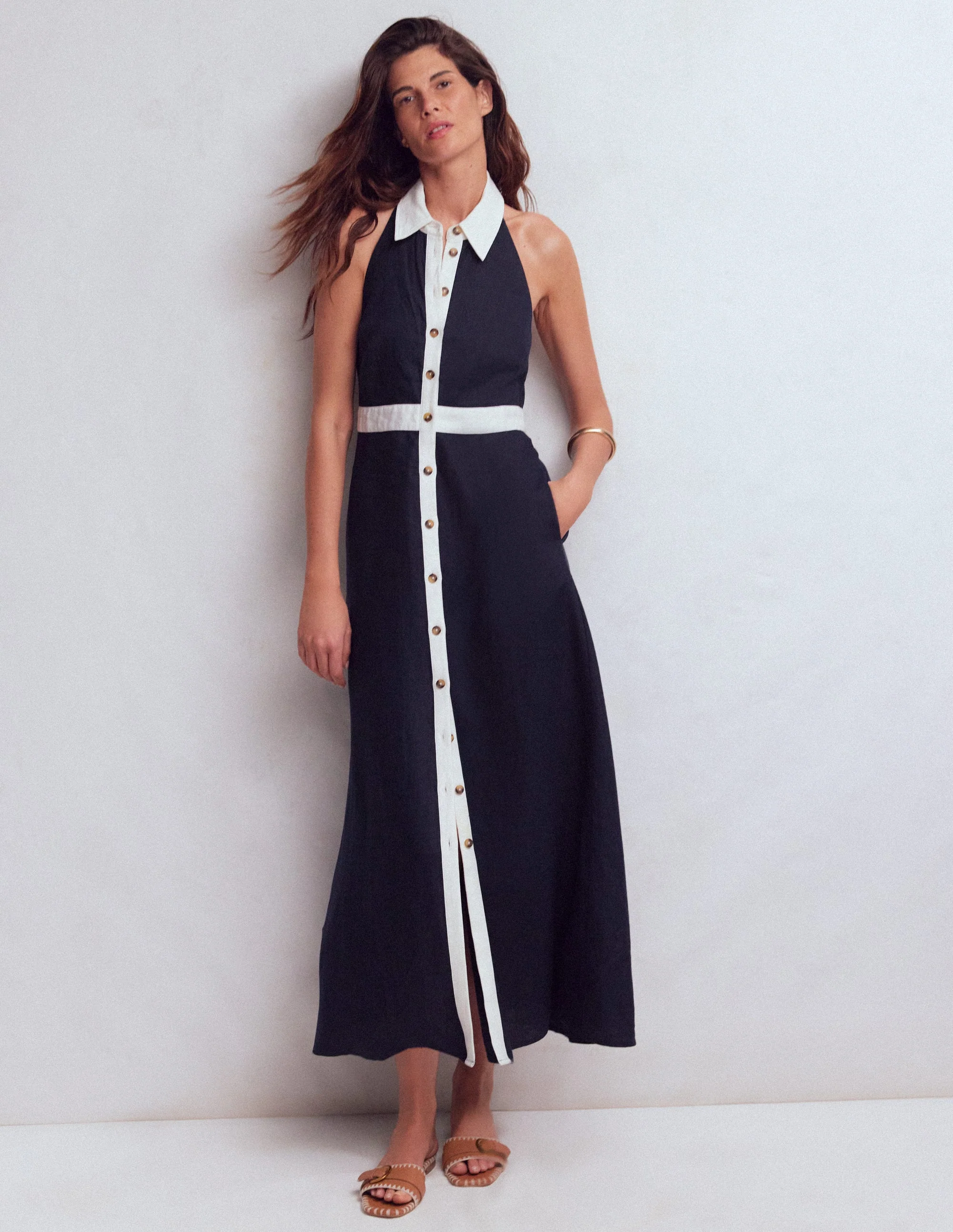 Eva Linen Blend Maxi Dress-Navy Ivory - Image 4
