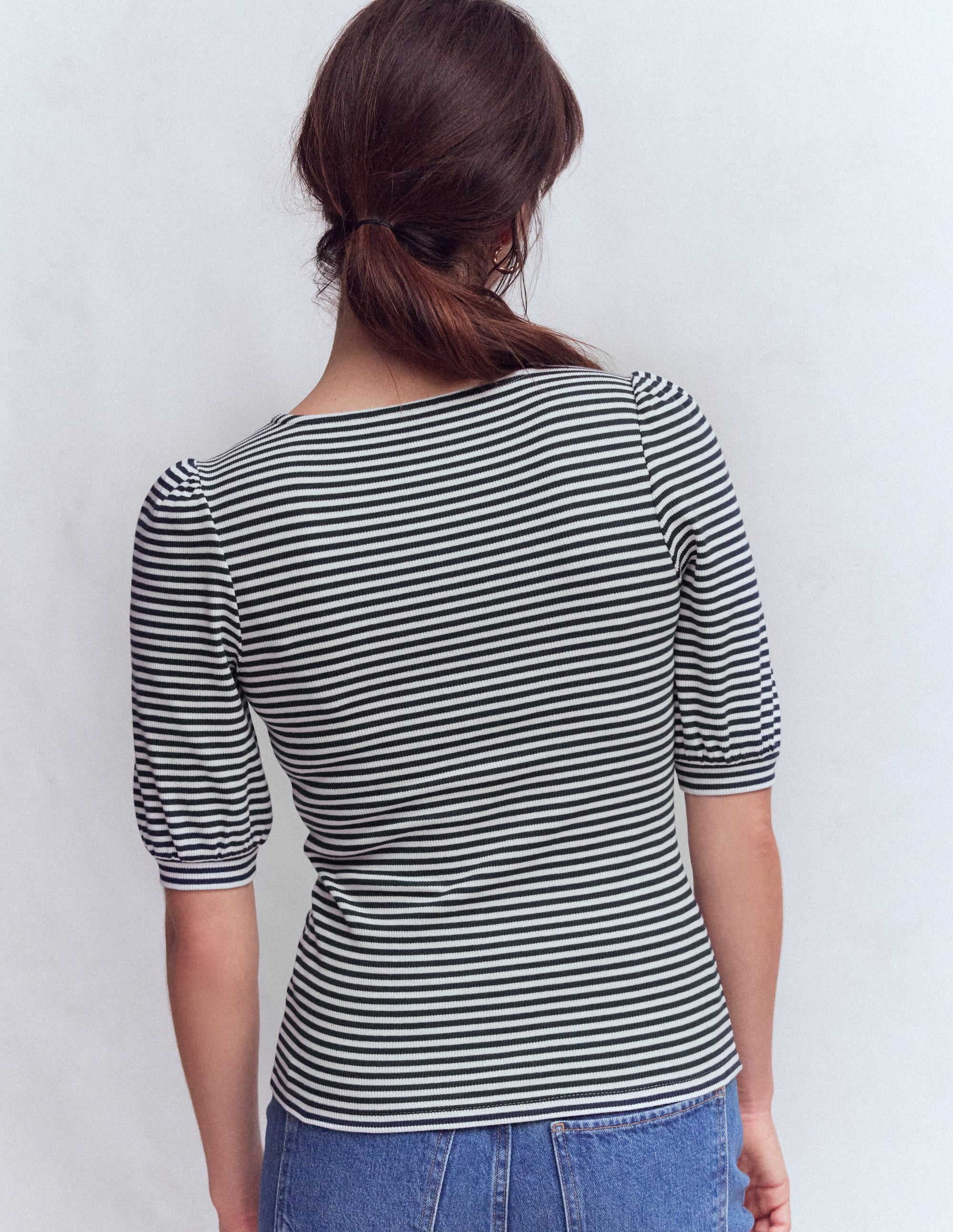 Evie Ribbed Puff Sleeve Top-Ivory, Navy Stripe - Image 3