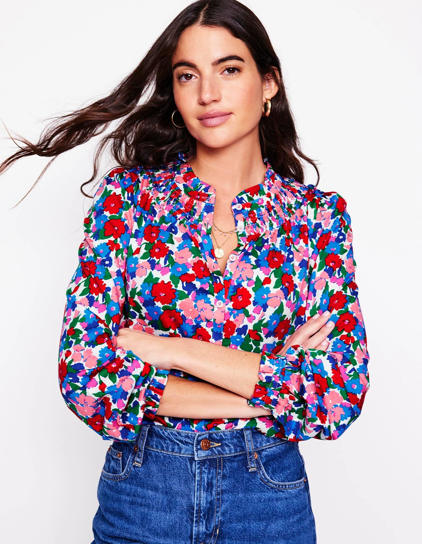 Fay Smocked Jersey Shirt-Multi, Painterly Meadow - Image 2