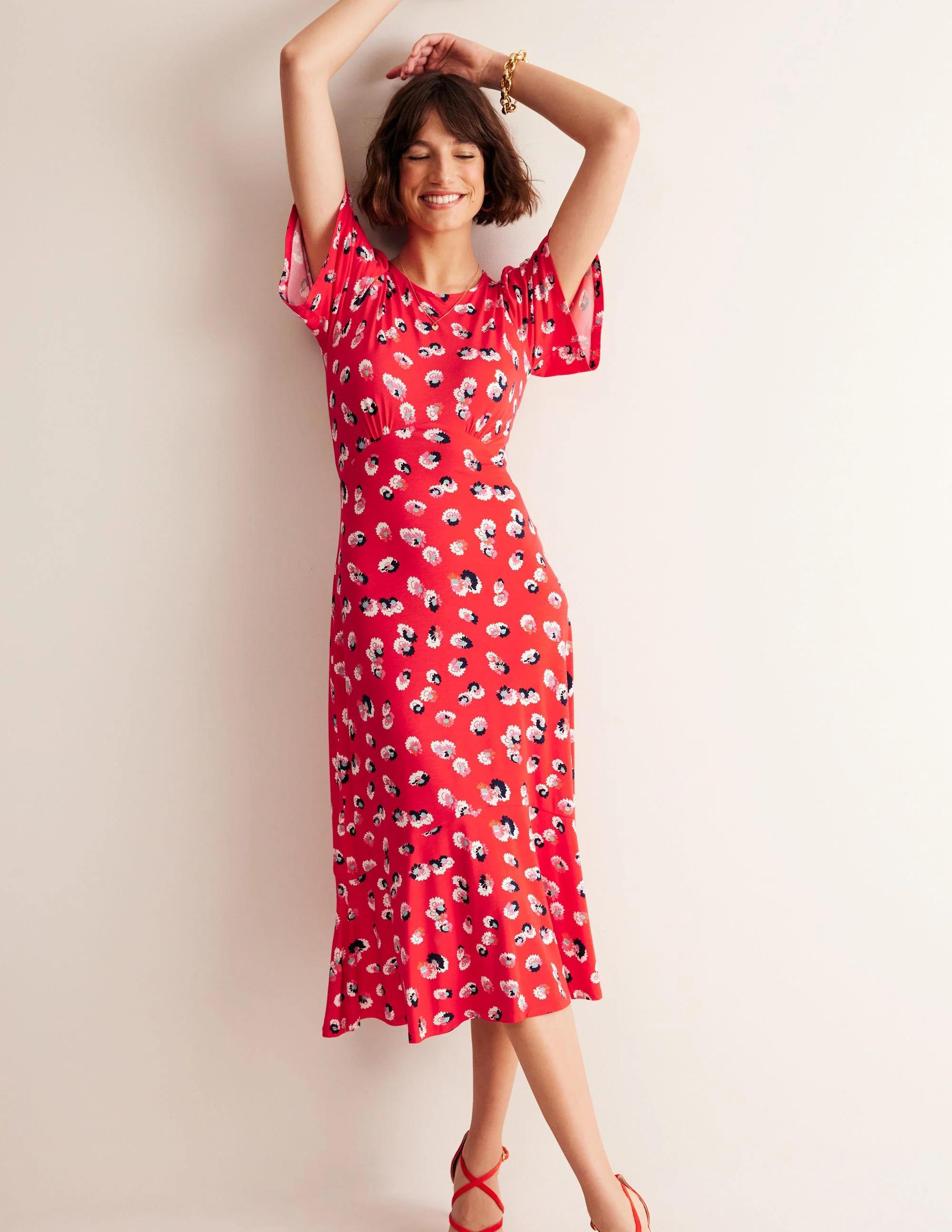 Felicity Jersey Midi Tea Dress-Flame Scarlet, Botanical Petal - Image 4