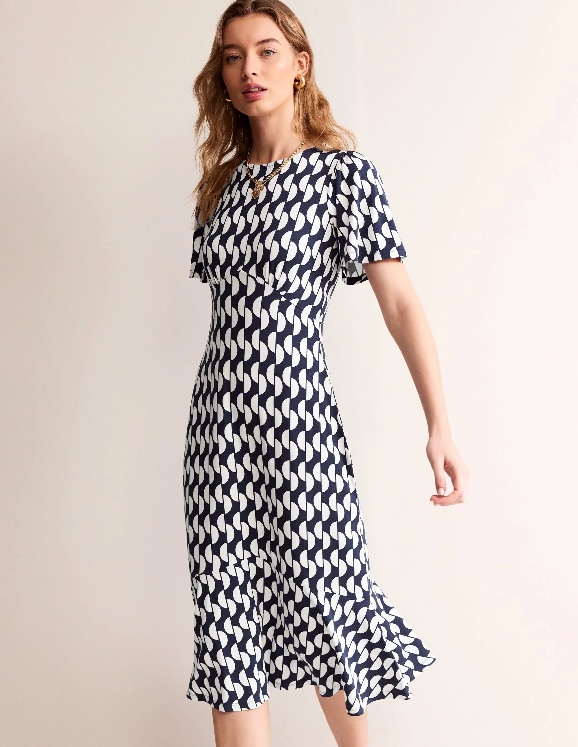 Felicity Jersey Midi Tea Dress-French Navy, Geo Wave - Image 4