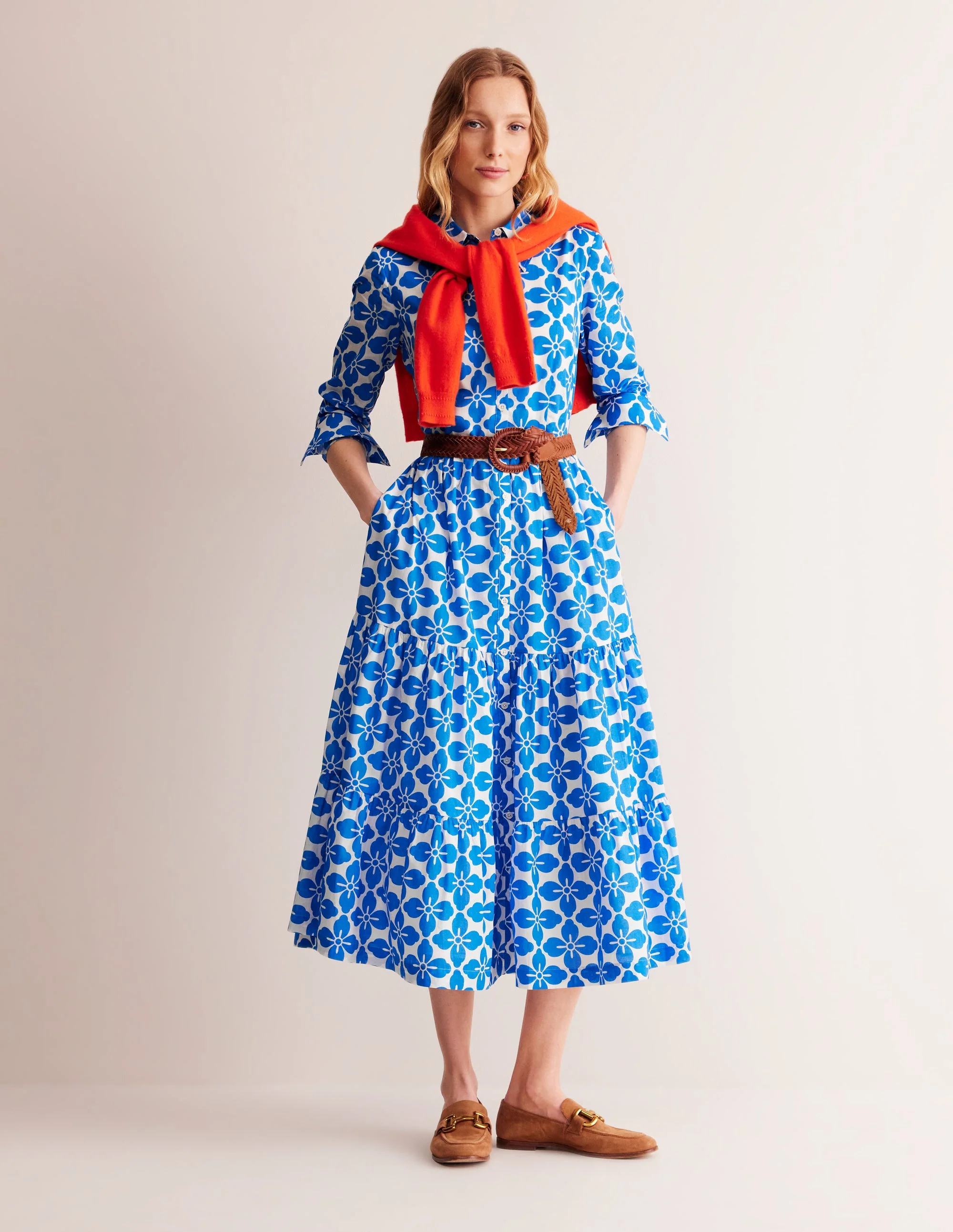 Flo Cotton Midi Shirt Dress-Indigo Bunting, Floral Tile - Image 5