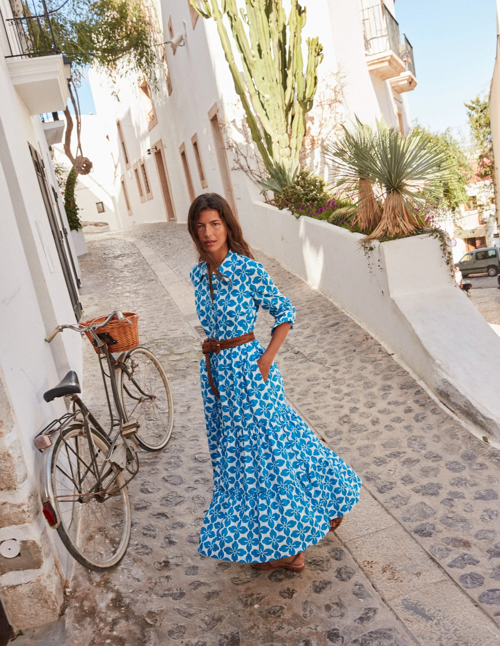 Flo Cotton Midi Shirt Dress-Indigo Bunting, Floral Tile - Image 7