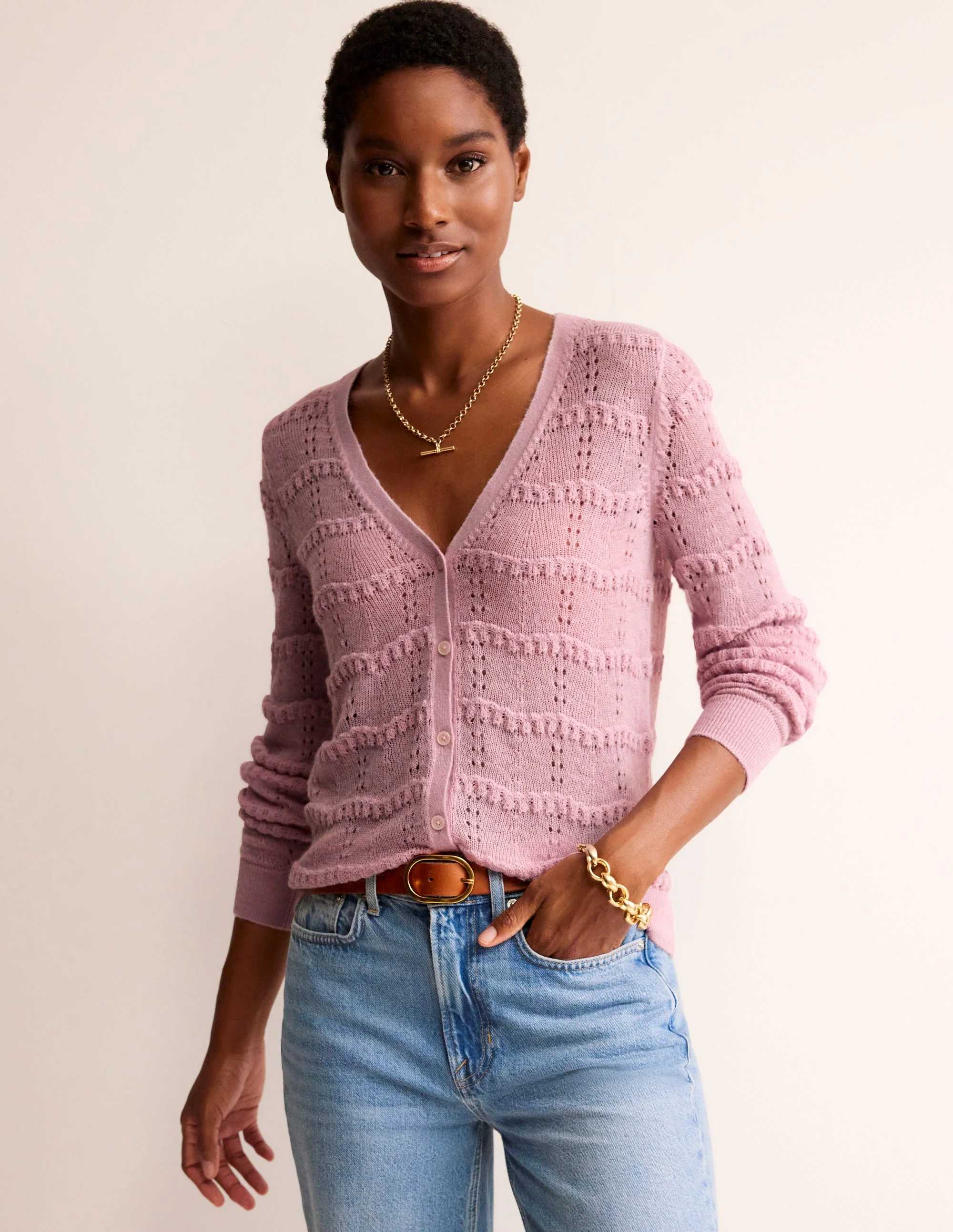 Fluffy Pointelle Cardigan-Spring Blossom Pink - Image 4