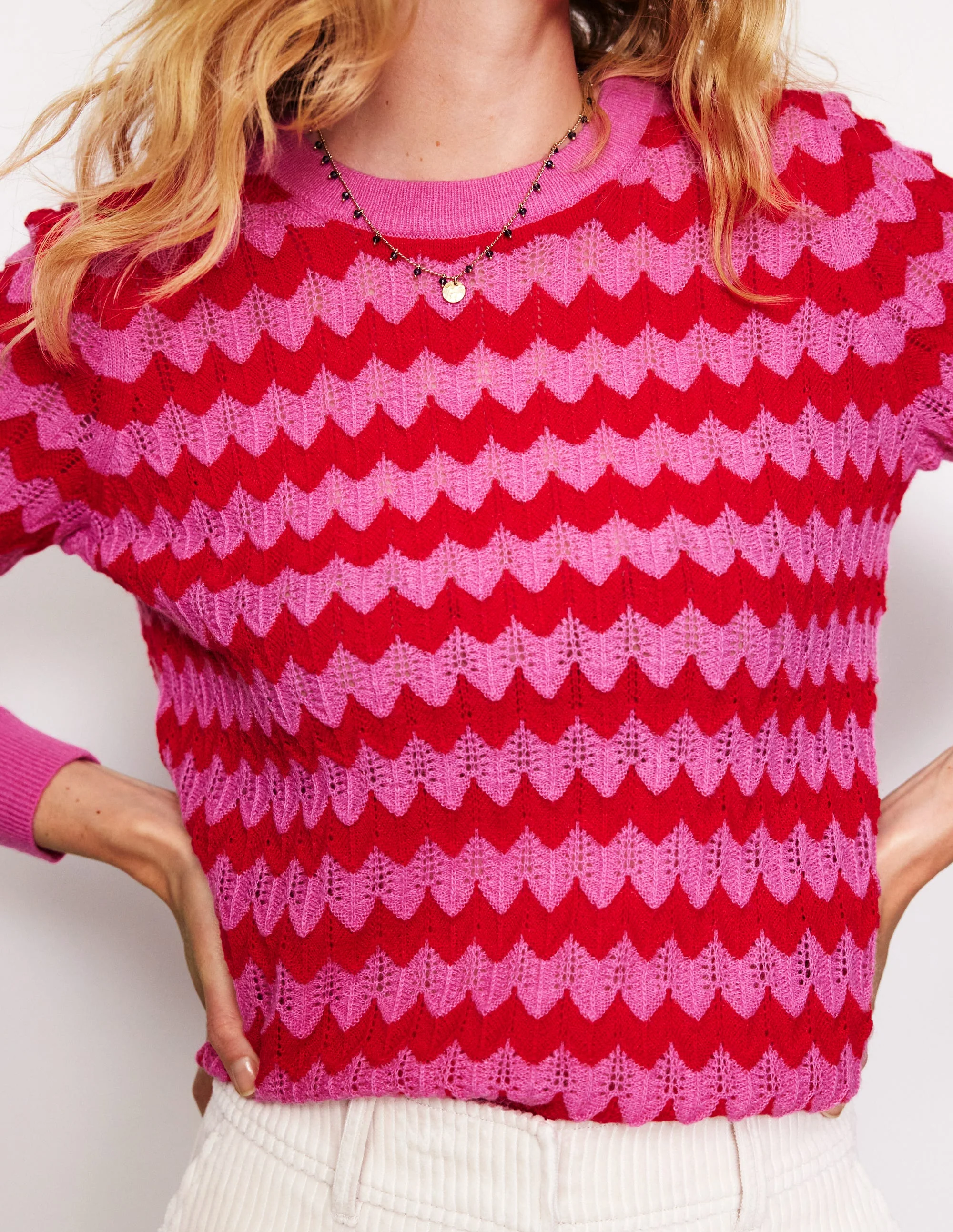 Fluffy Textured Stitch Jumper-Pink/ Red - Image 2