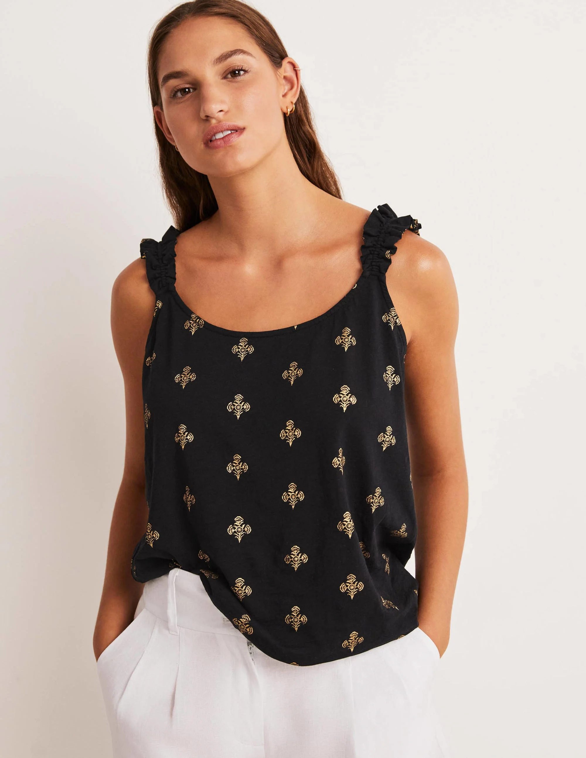 Frill Strap Jersey Top-Black, Poppy Bloom Mono Foil - Image 5