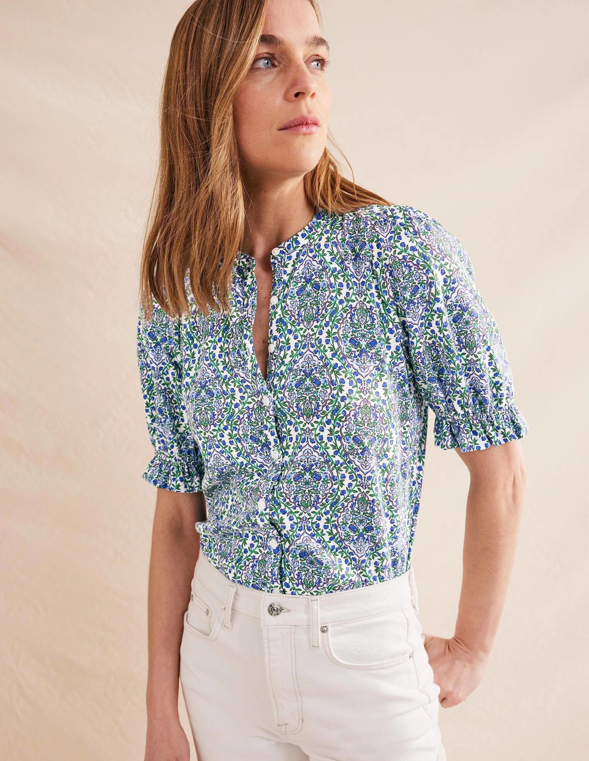 Frilled Short Sleeve Shirt-Linseed and Vine Terrace - Image 4