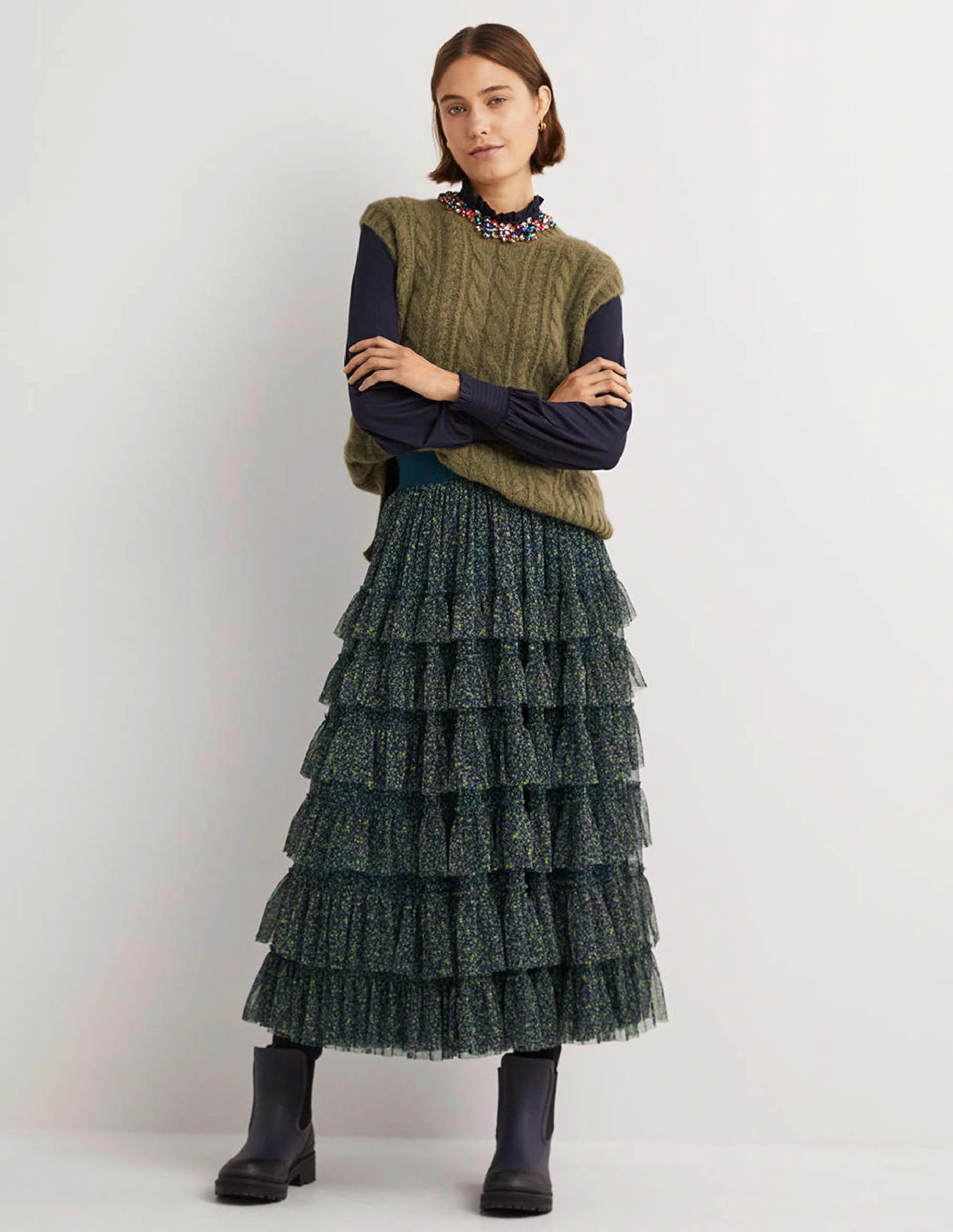 Green Ditsy Floral Tulle Midi Skirt-Seaweed, Wild Vine