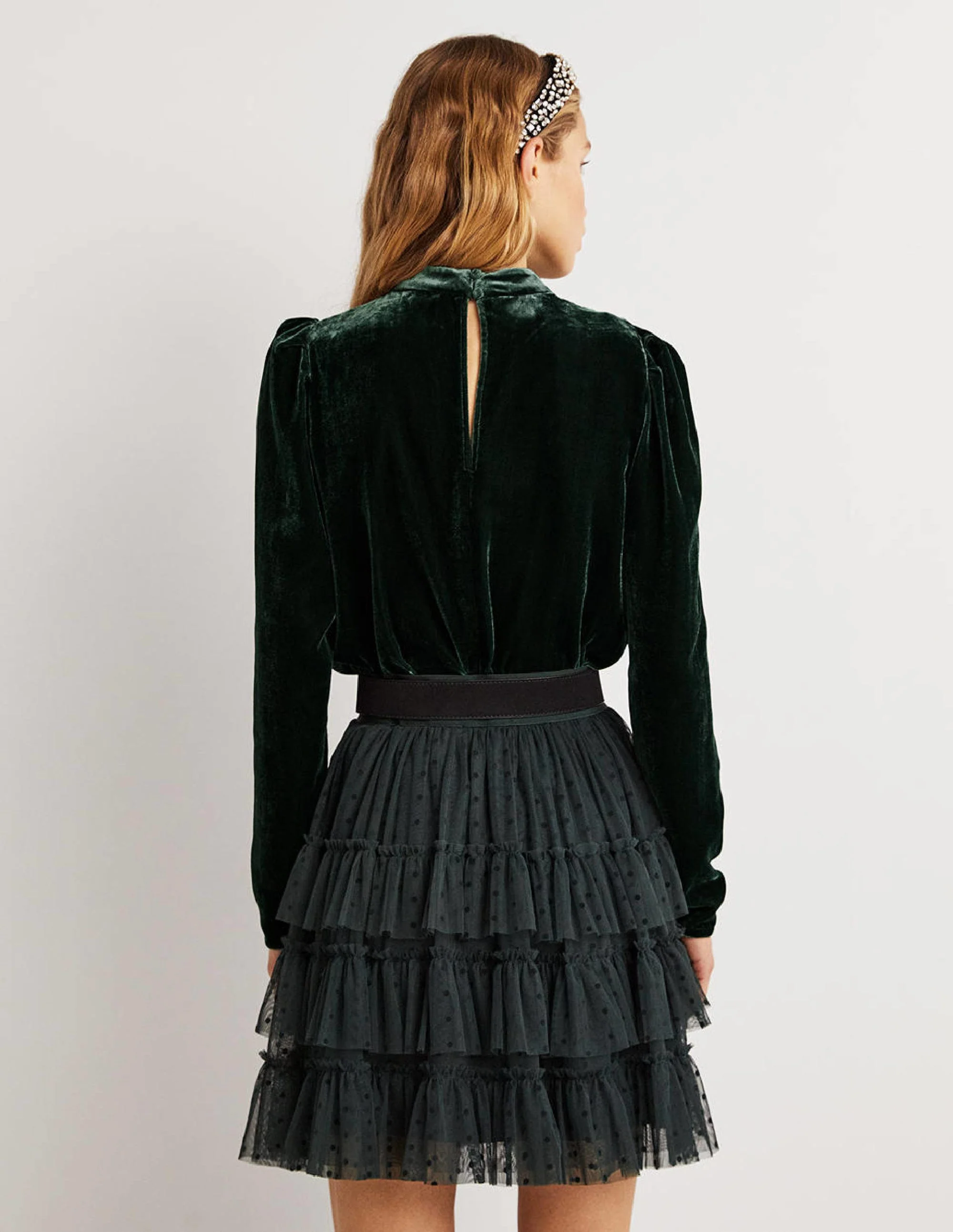 Green Mutton Sleeve Velvet Top-Onyx Green - Image 3