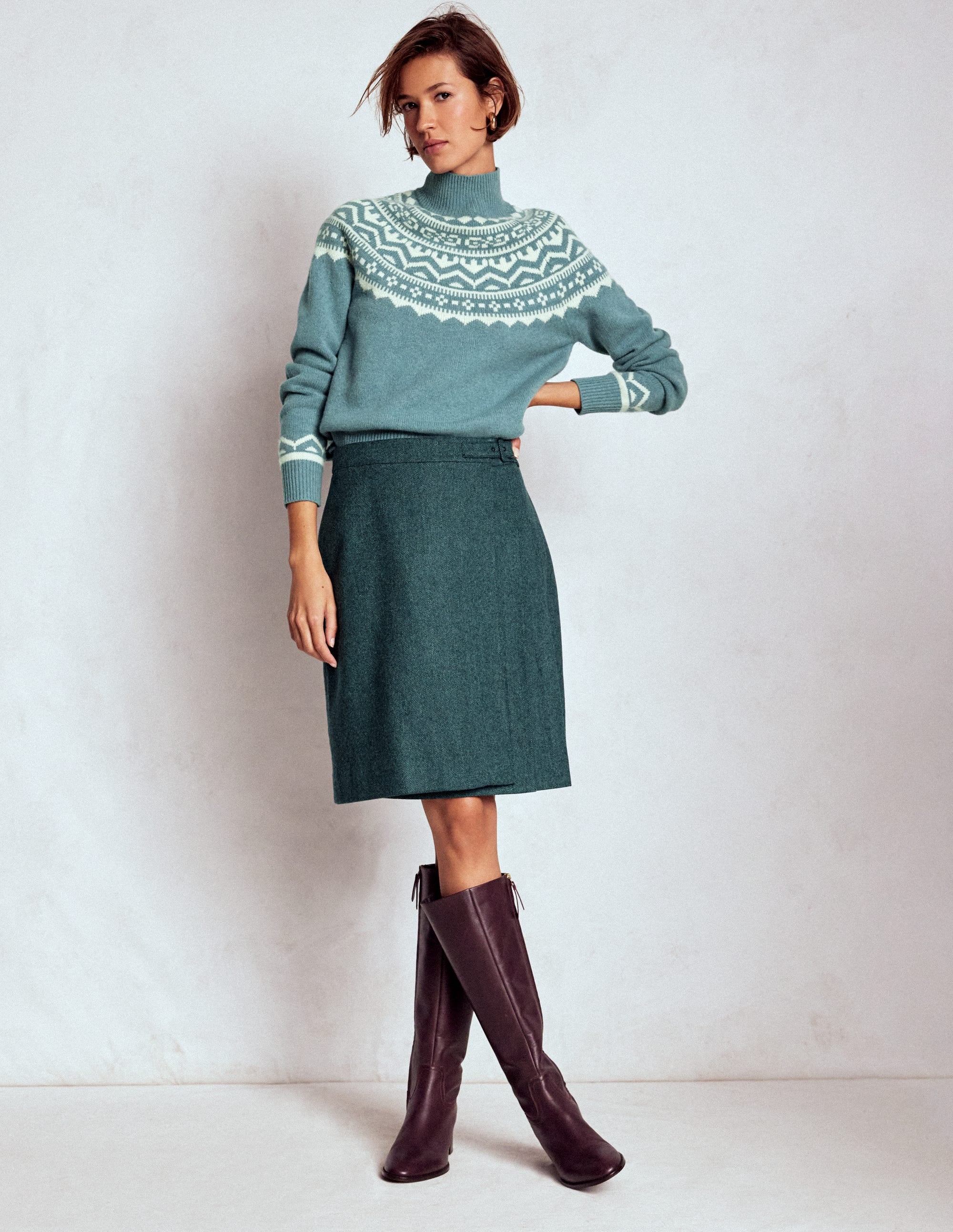 Helen Wool Kilt Skirt-Green and Navy Herringbone