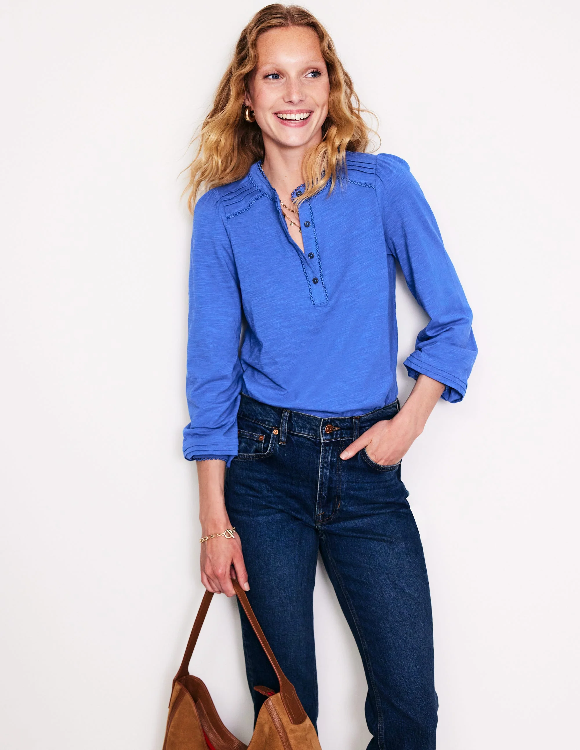 Henrietta Pintuck Henley Top-Blue Jay - Image 4