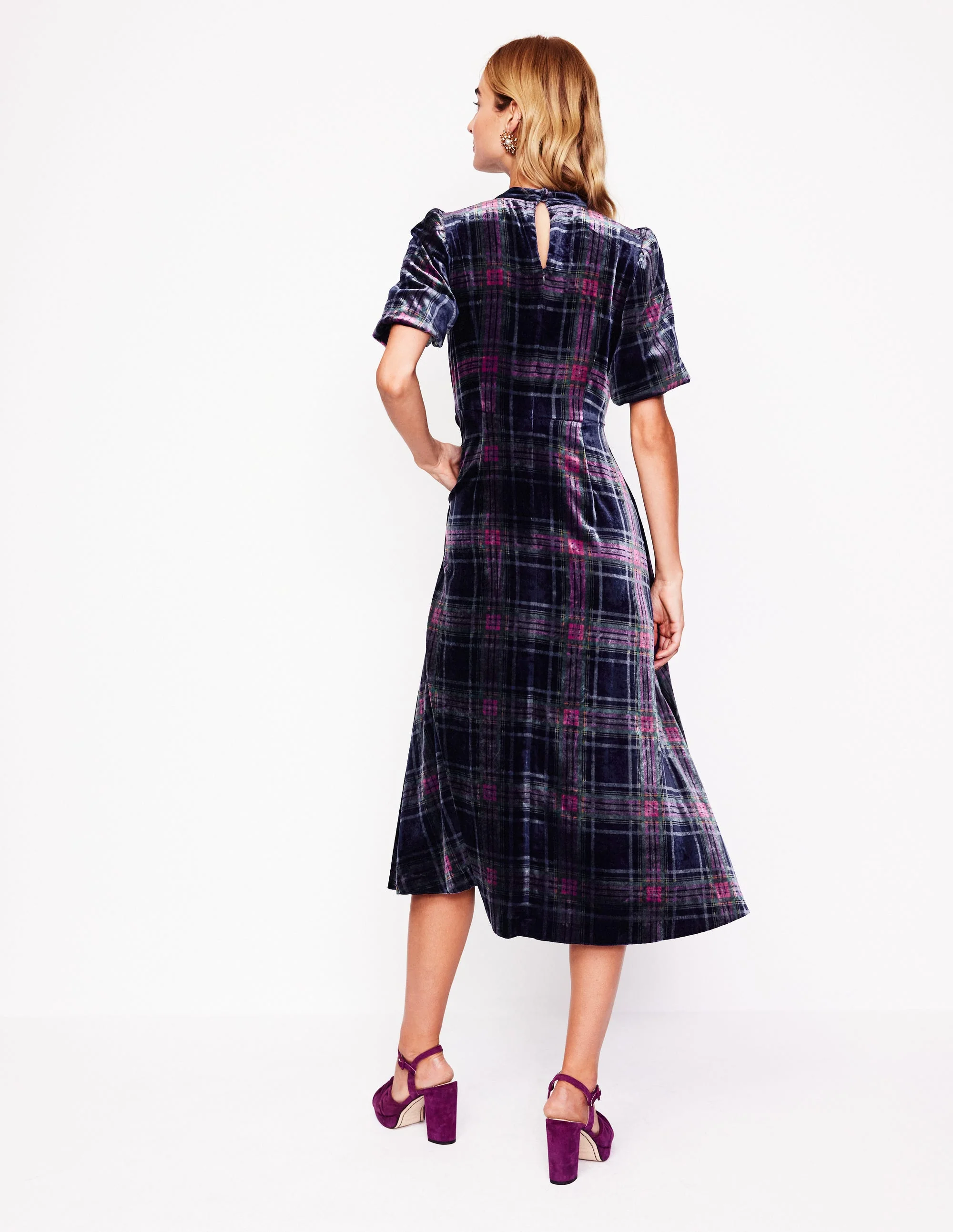 High Neck Velvet Dress-Navy and Red Check - Image 3