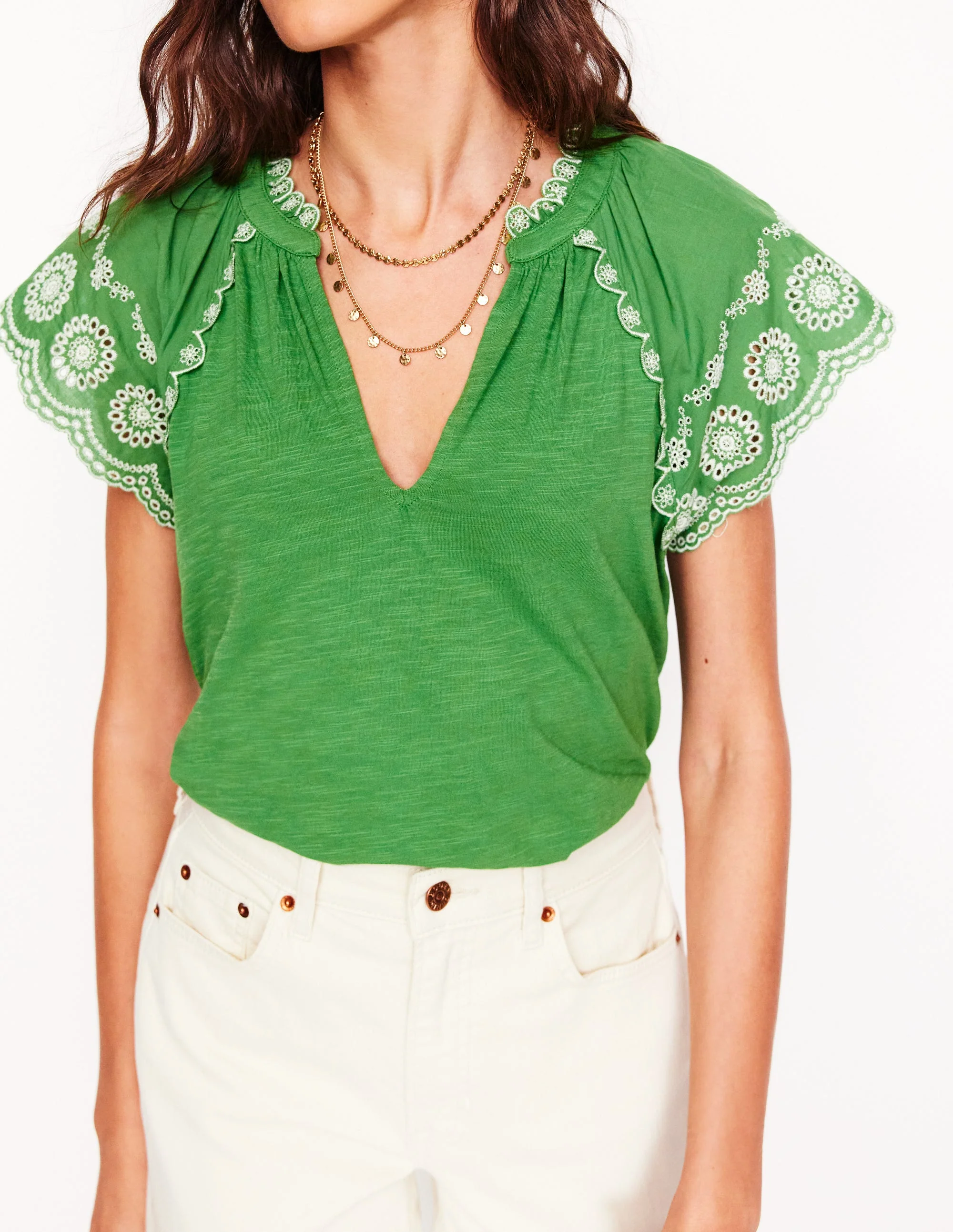 Ila Broderie Sleeve Notch Top-Paradise Green - Image 2