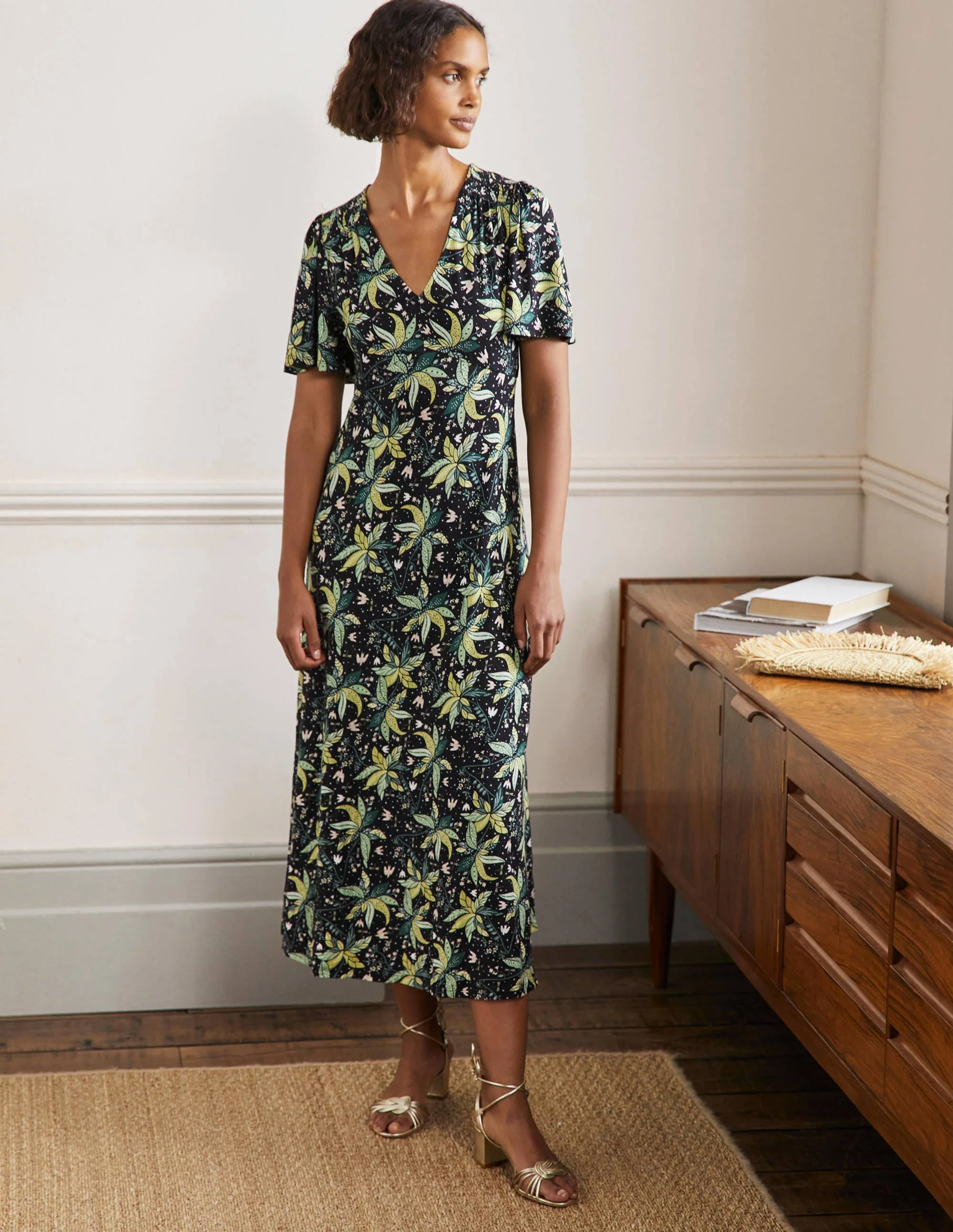 Jersey Midi Tea Dress-Black, Oriental Cascade