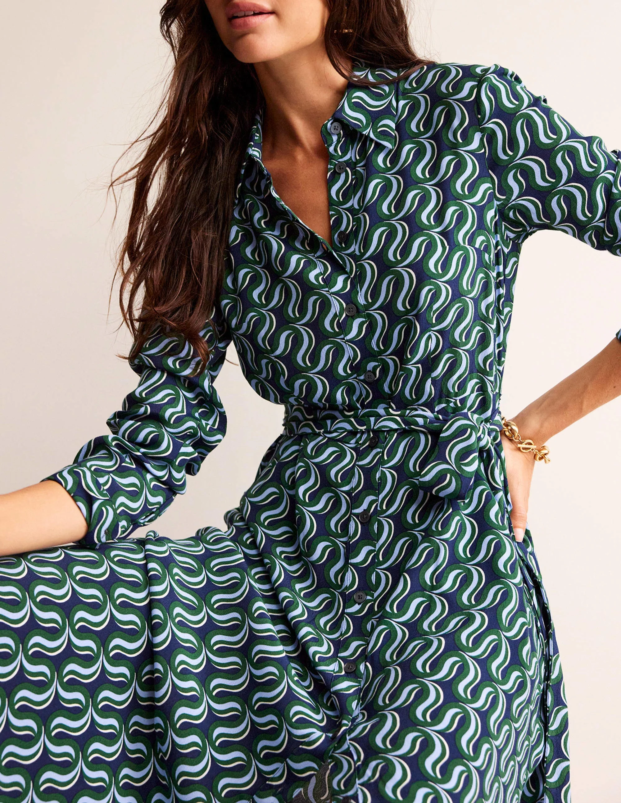 Kate Midi Shirt Dress-Amazon Green, Ribbon Wave - Image 2