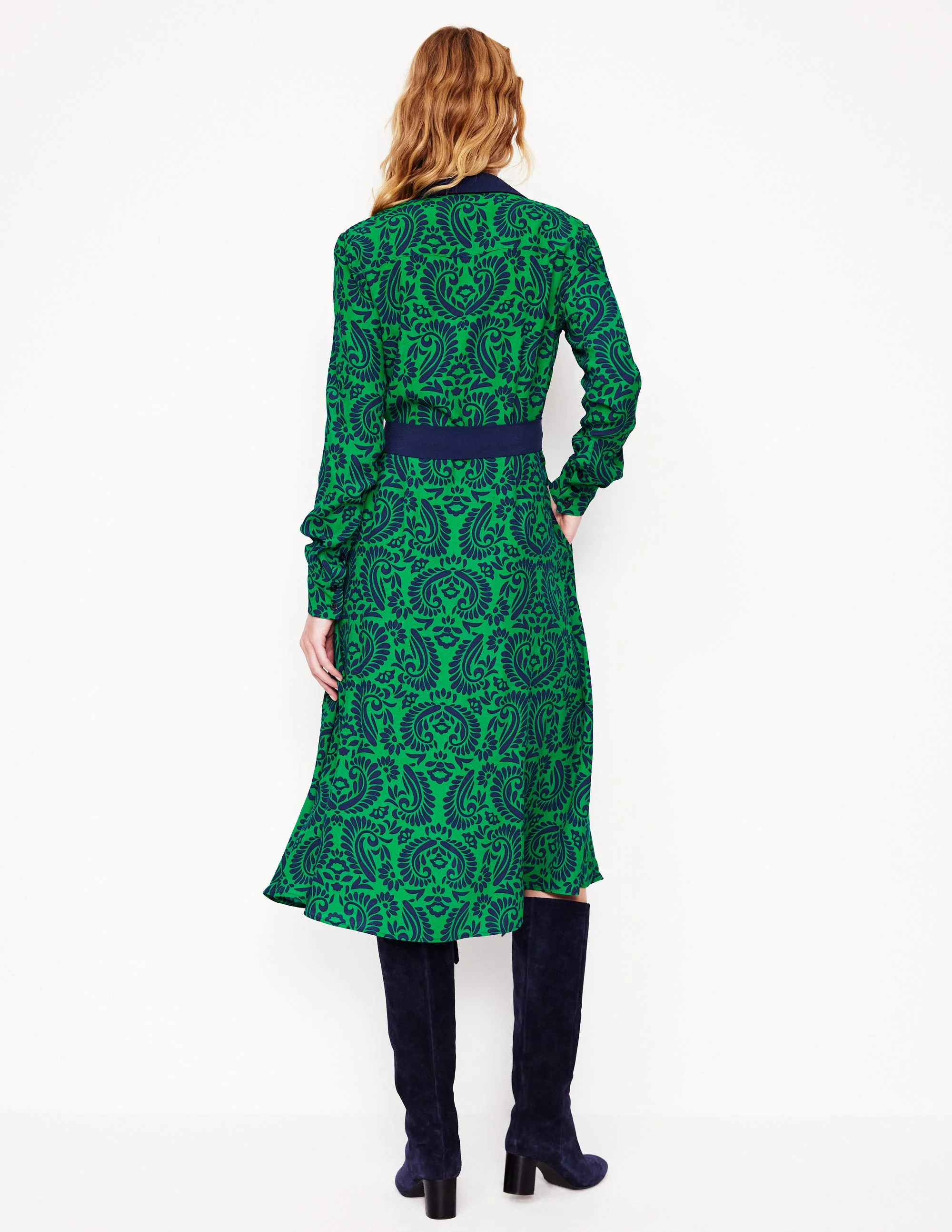 Kate Midi Shirt Dress-Rich Emerald, Decorative Flora - Image 3
