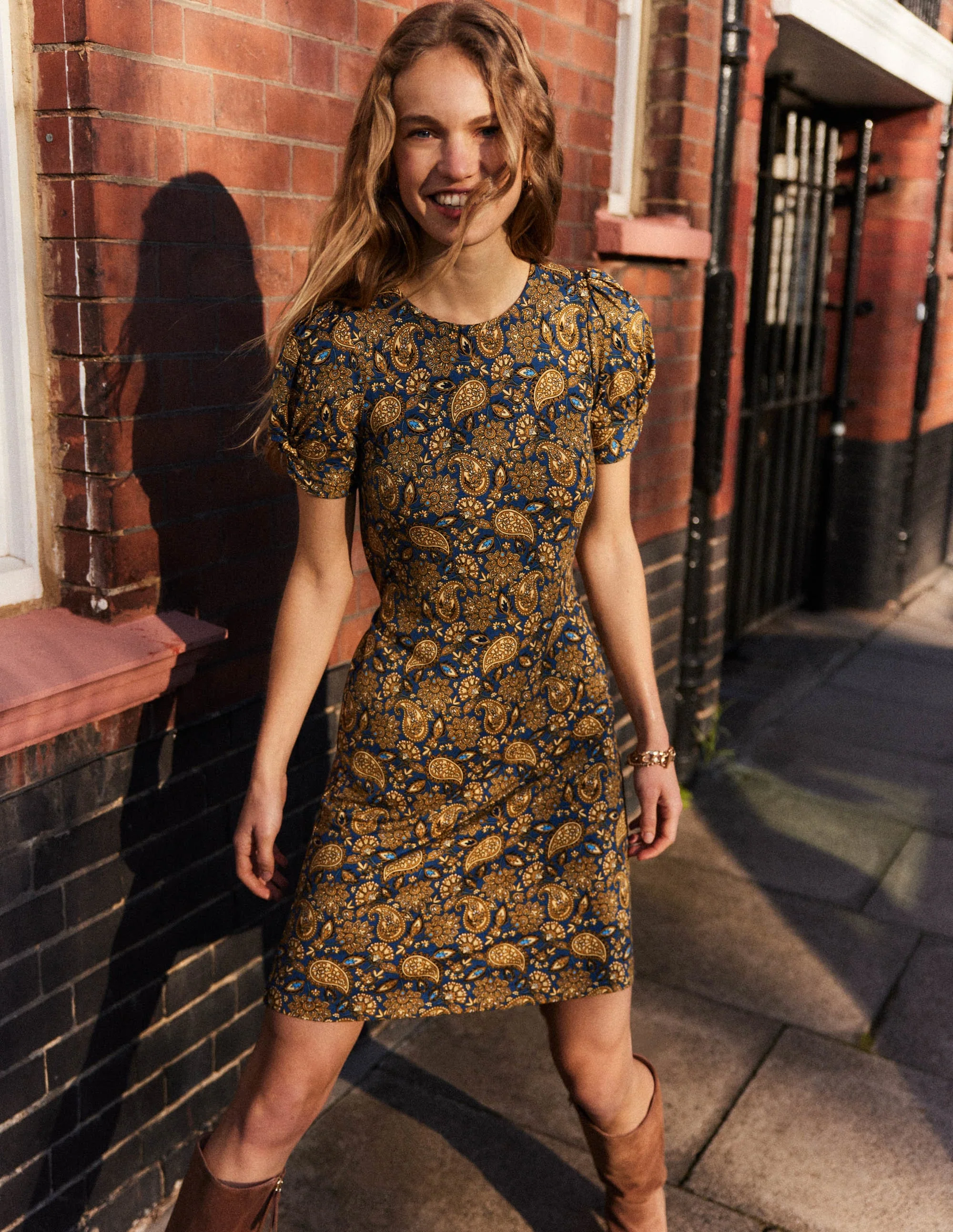 Knot Detail Jersey Mini Dress-Harvest Gold, Paisley Terrace - Image 5