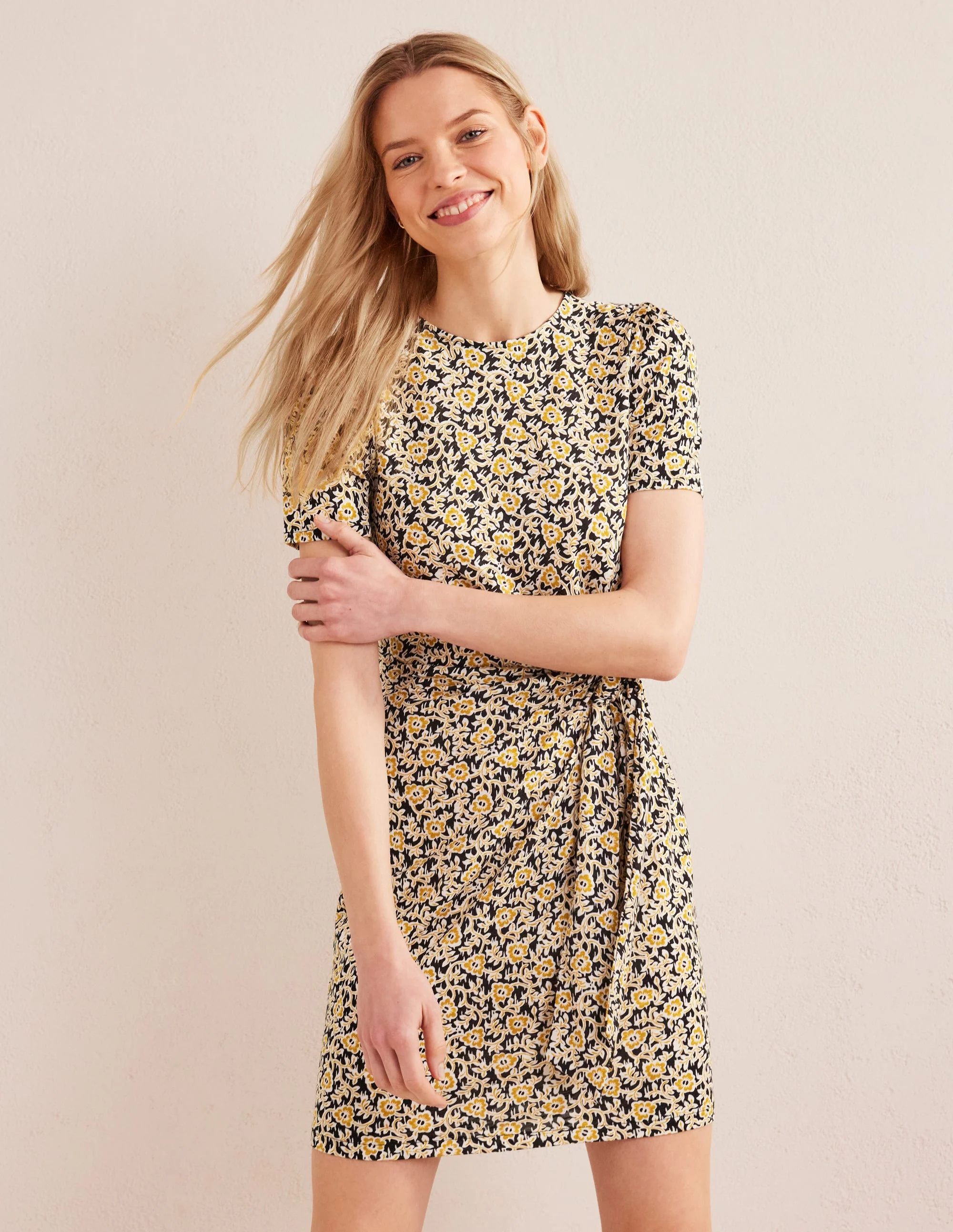 Knot Front Jersey Dress-Black, Clover Swirl - Image 4
