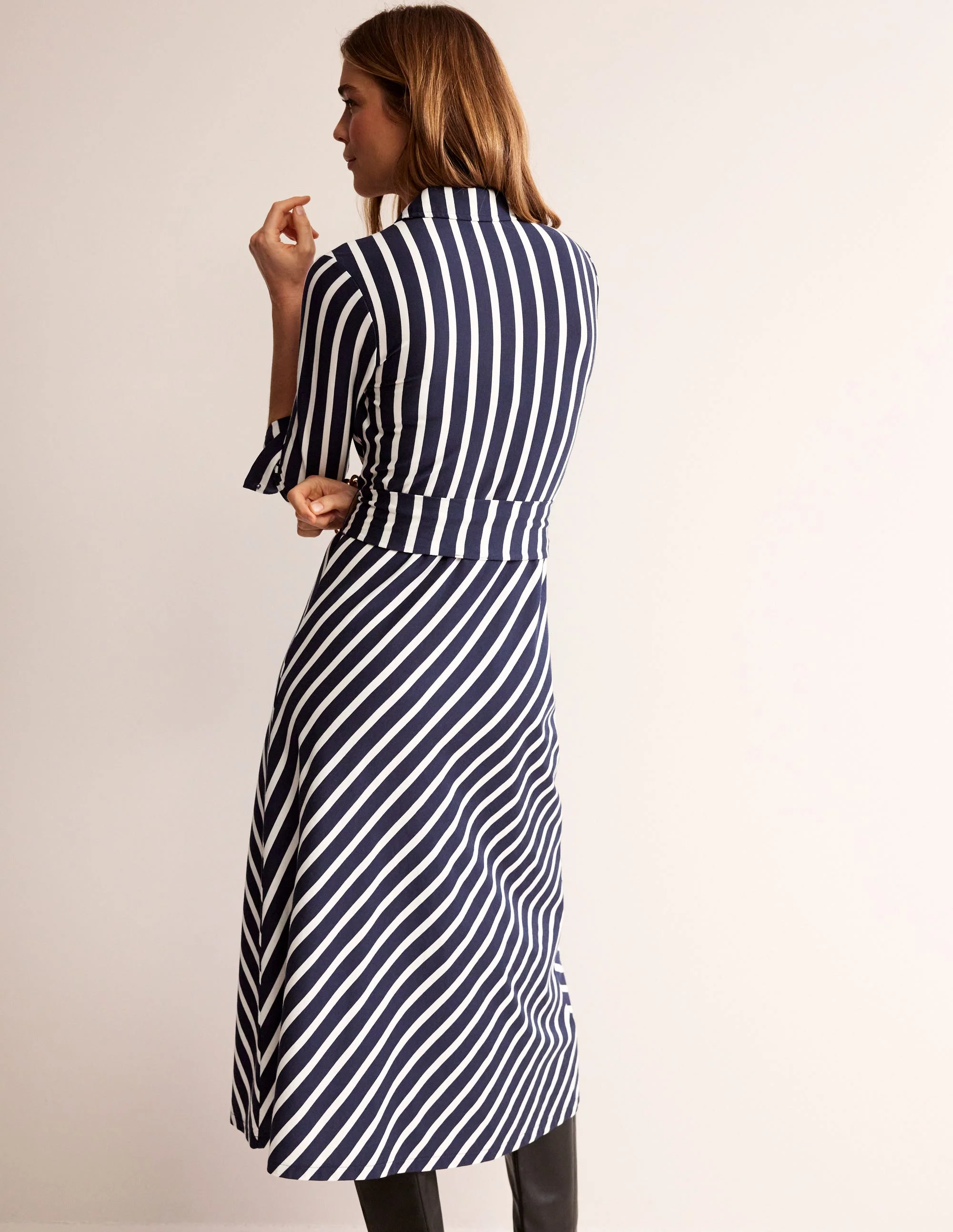 Laura Jersey Midi Shress-French Navy, Ivory Stripe - Image 3