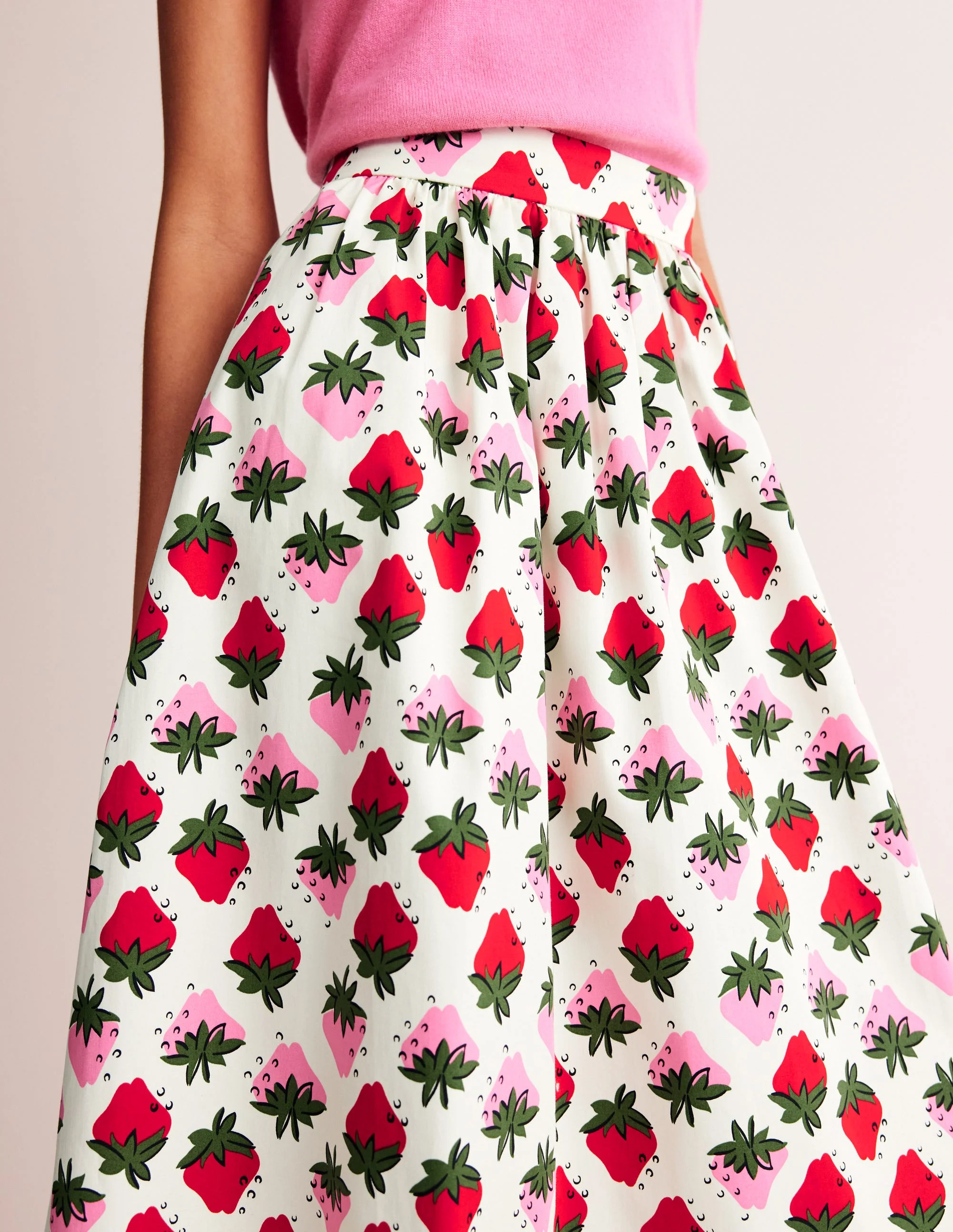Layla Cotton Sateen Skirt-Ivory, Strawberry Pop - Image 2