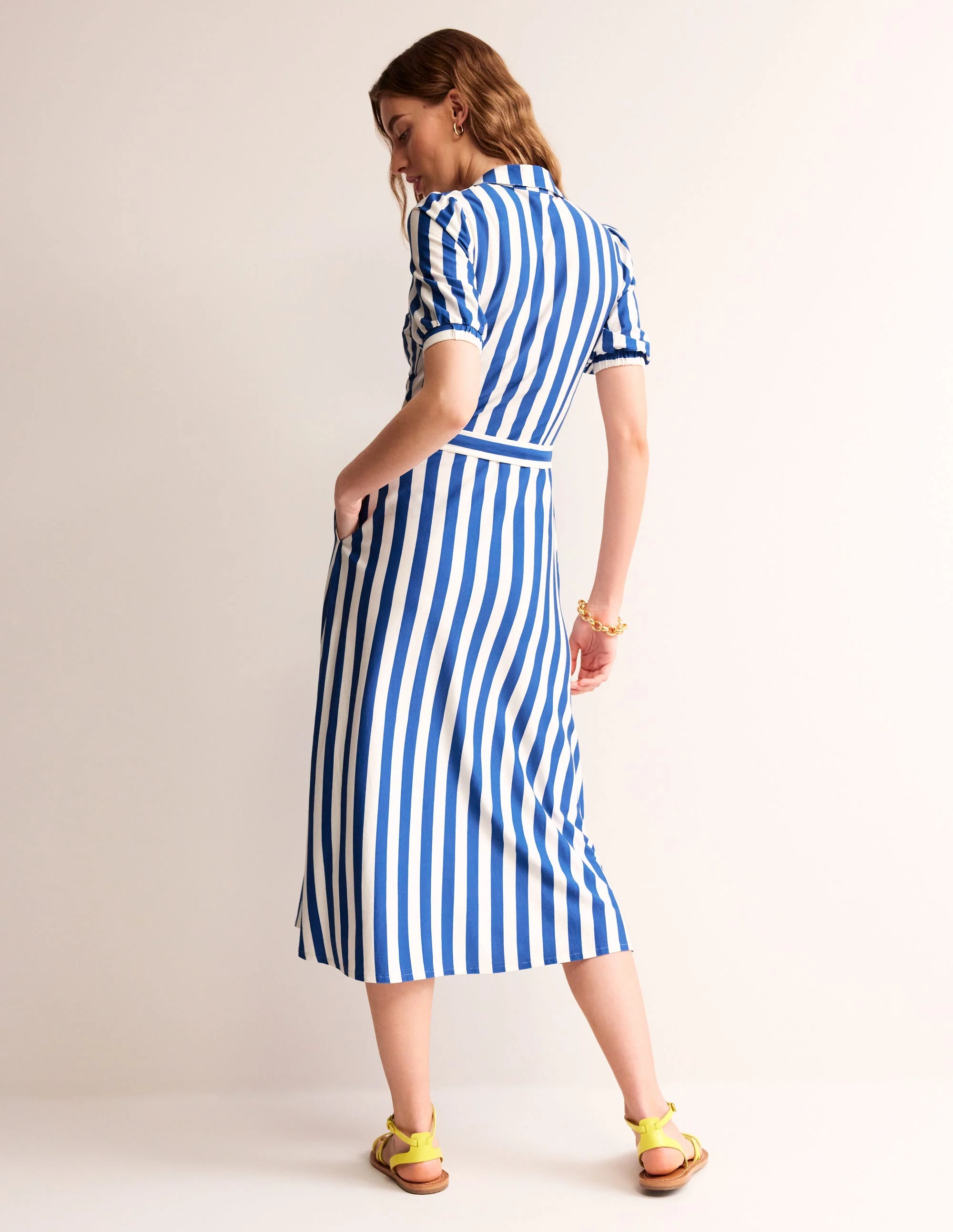 Libby Jersey Midi Shirt Dress-Blue, Ivory Stripe - Image 3