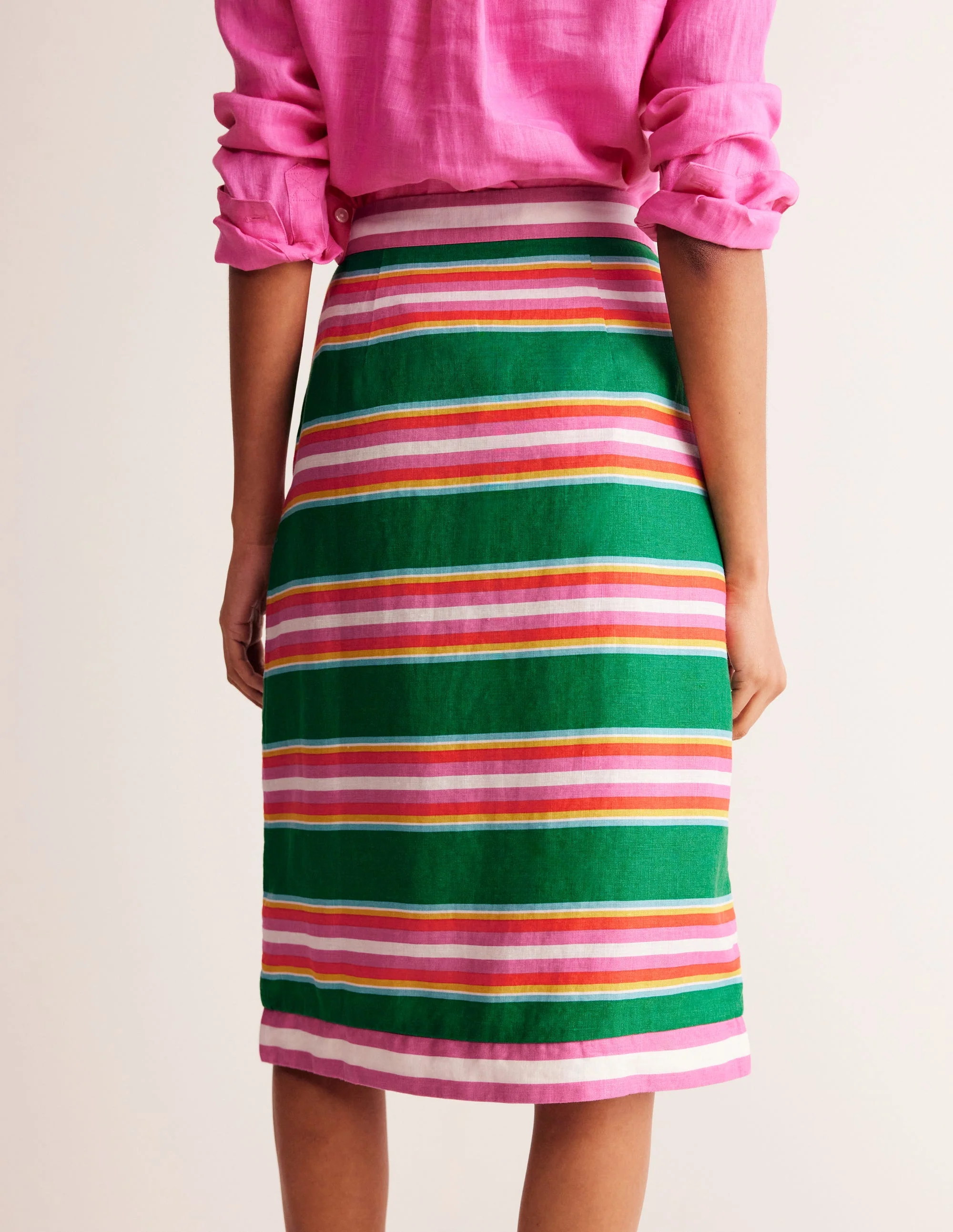 Linen Border Wrap Skirt-Green Tambourine, Pink Stripe - Image 3