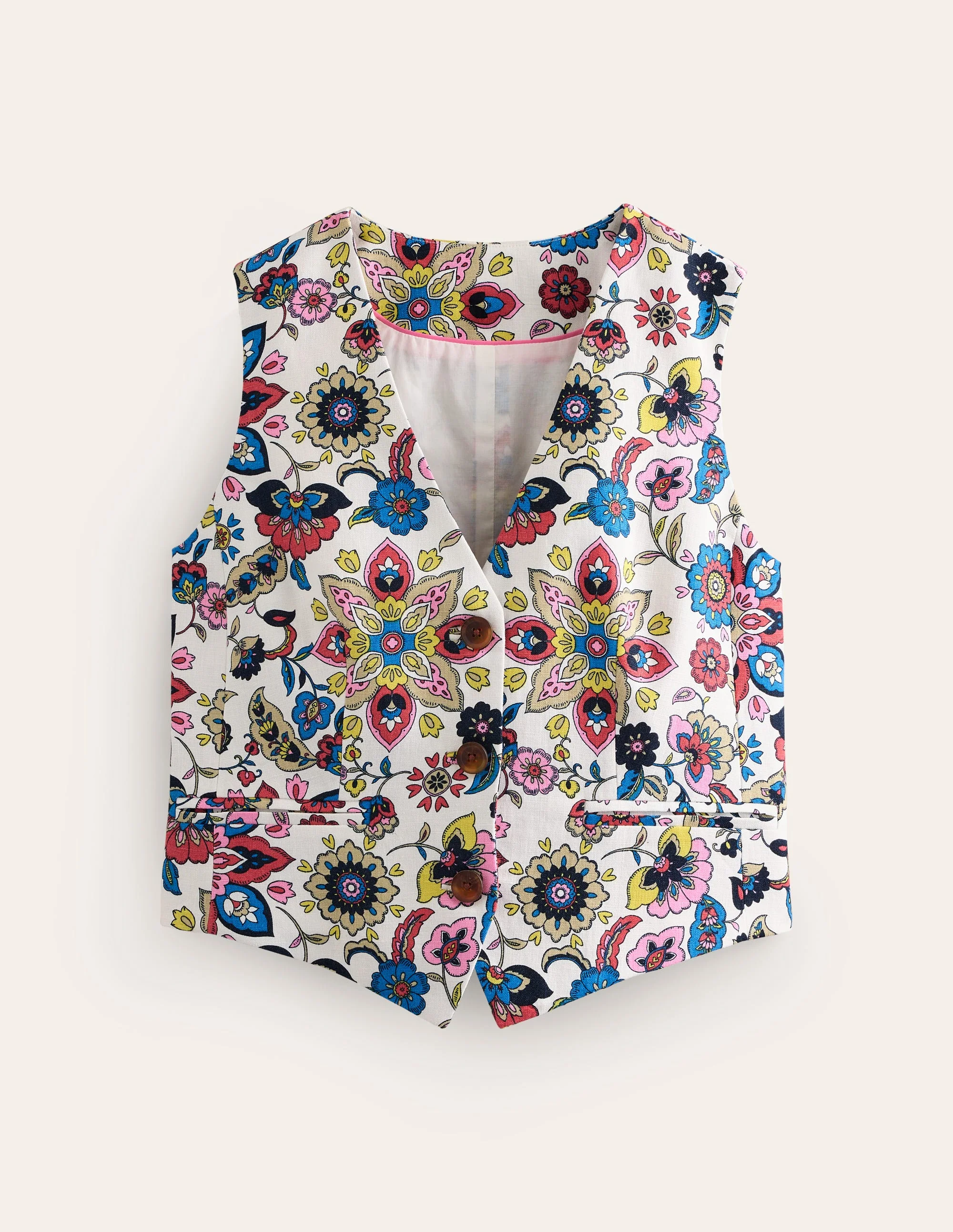 Linen V-Neck Waistcoat-Ivory, Botanic Sprig - Image 6