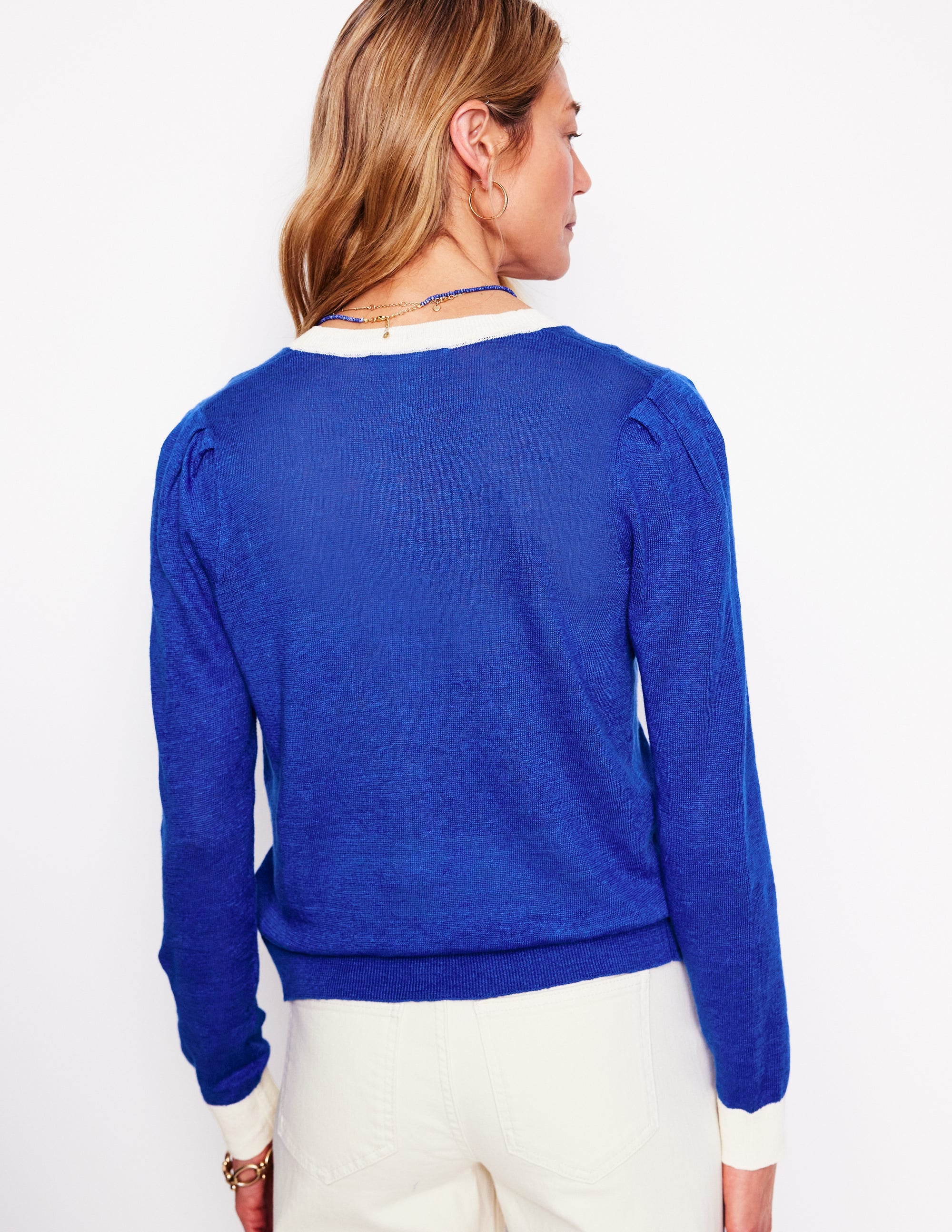 Liv V-Neck Linen Cardigan-Bright Blue - Image 3