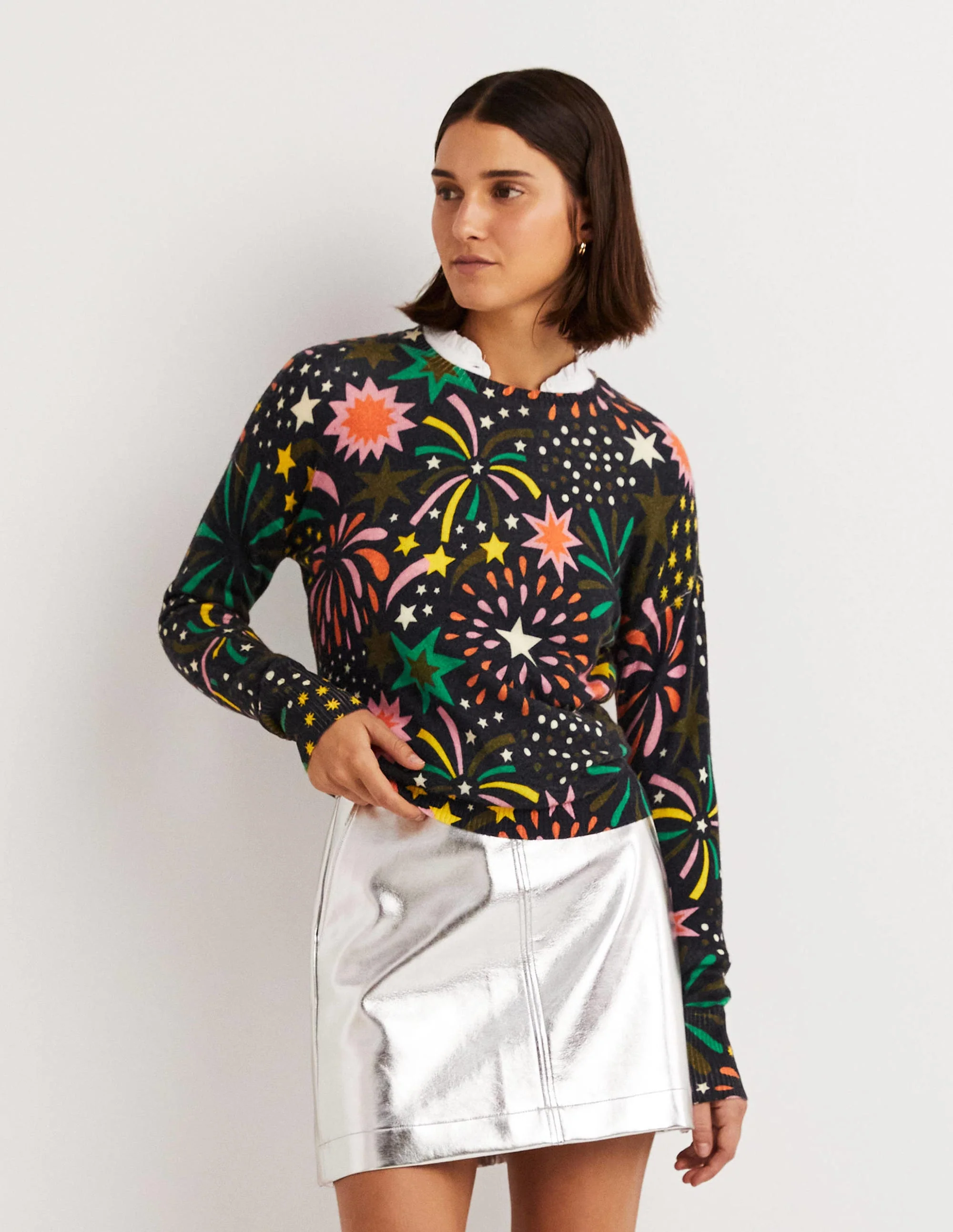 Margot Cashmere Jumper-French Navy, Firework Bloom - Image 4