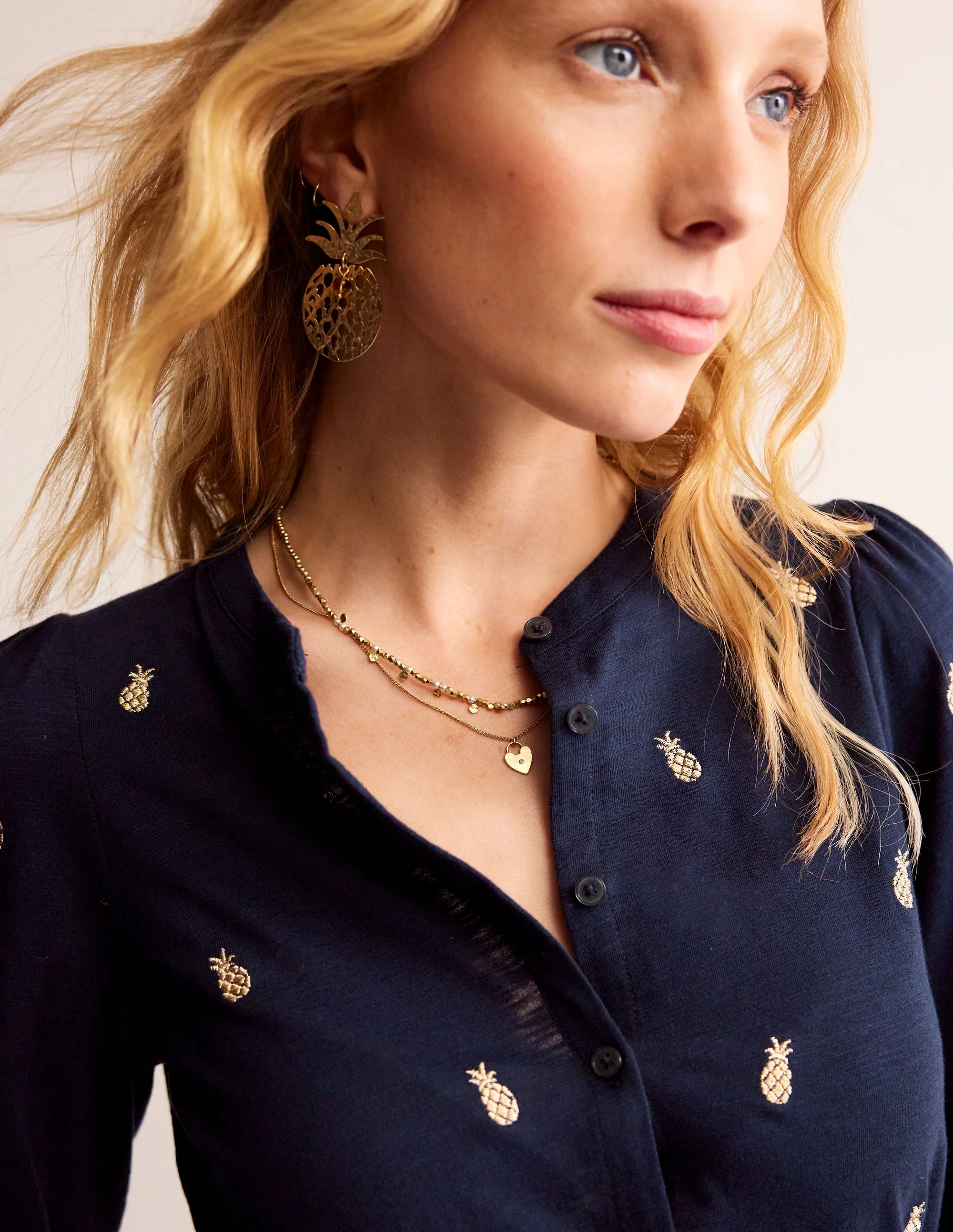 Marina Embroidered Shirt-Navy, Pineapple Embroidery - Image 2